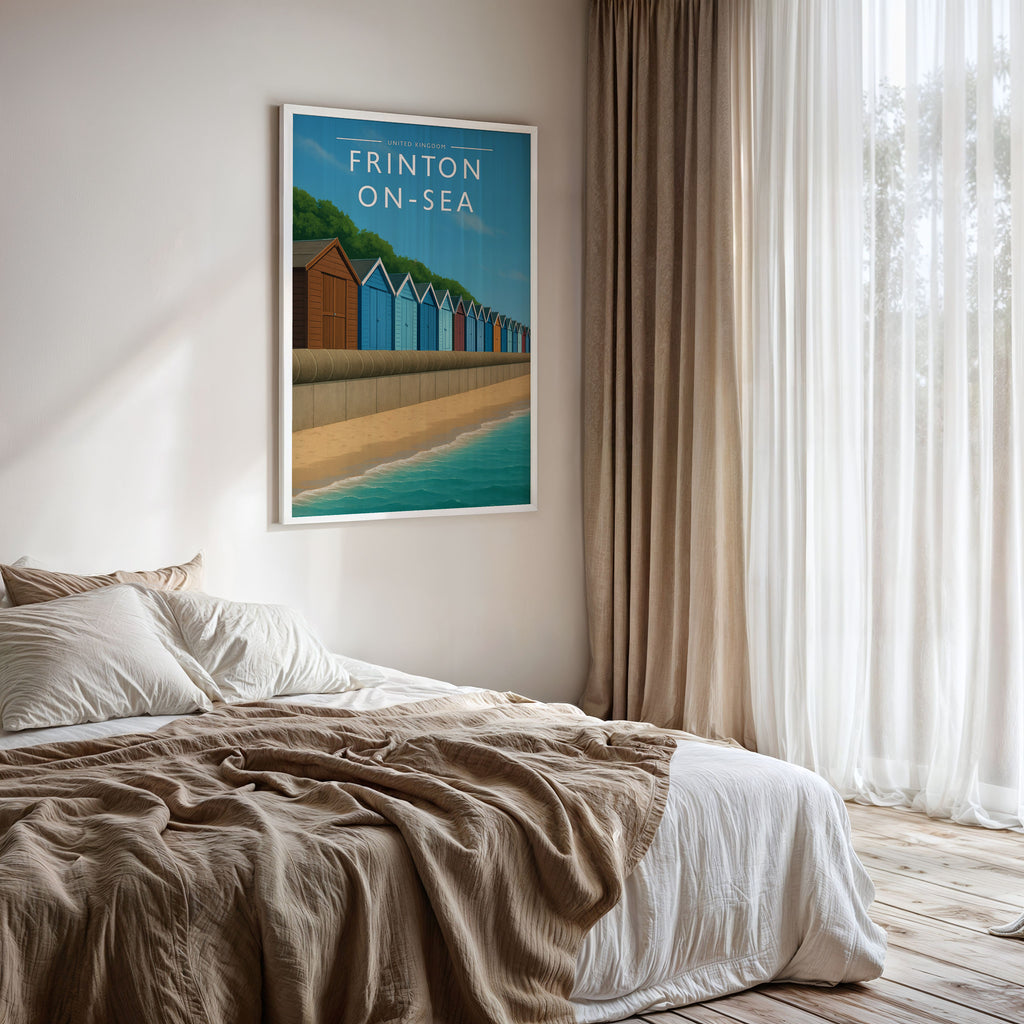 Frinton-on-Sea Travel Poster framed on a bedroom wall