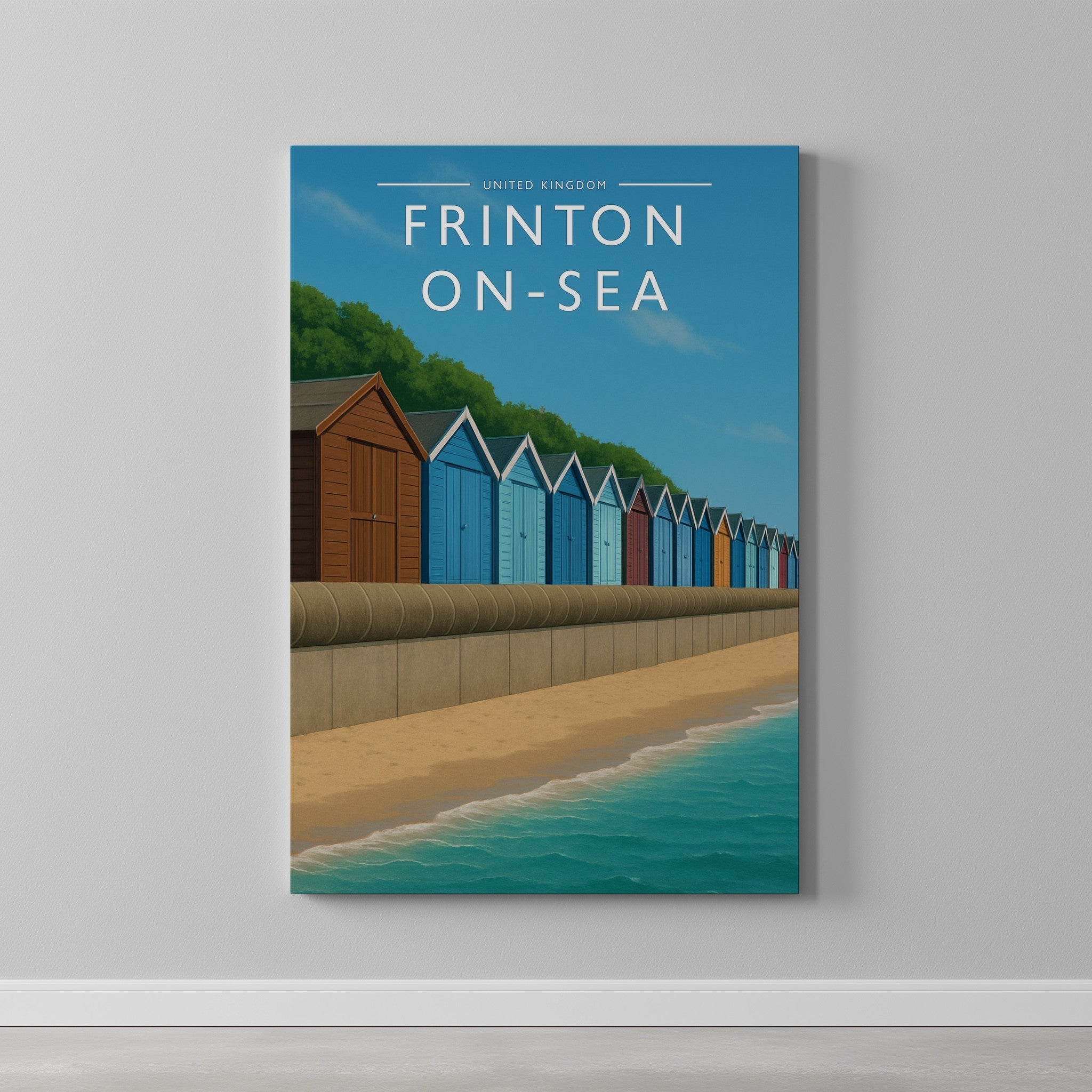 Frinton-on-Sea Travel Poster as a gallery-wrapped canvas on a plain wall