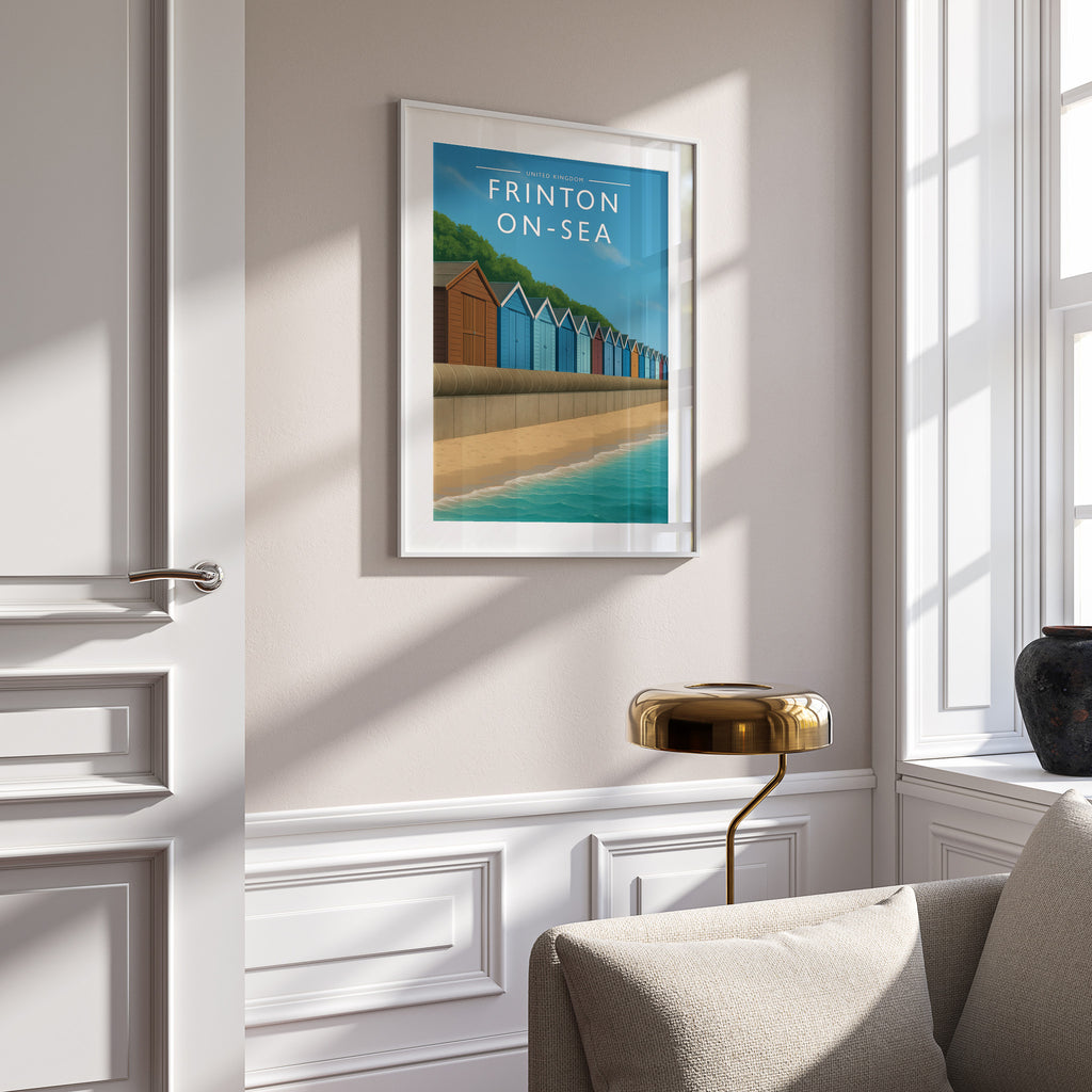 Frinton-on-Sea Travel Poster in a white frame on a panelled wall
