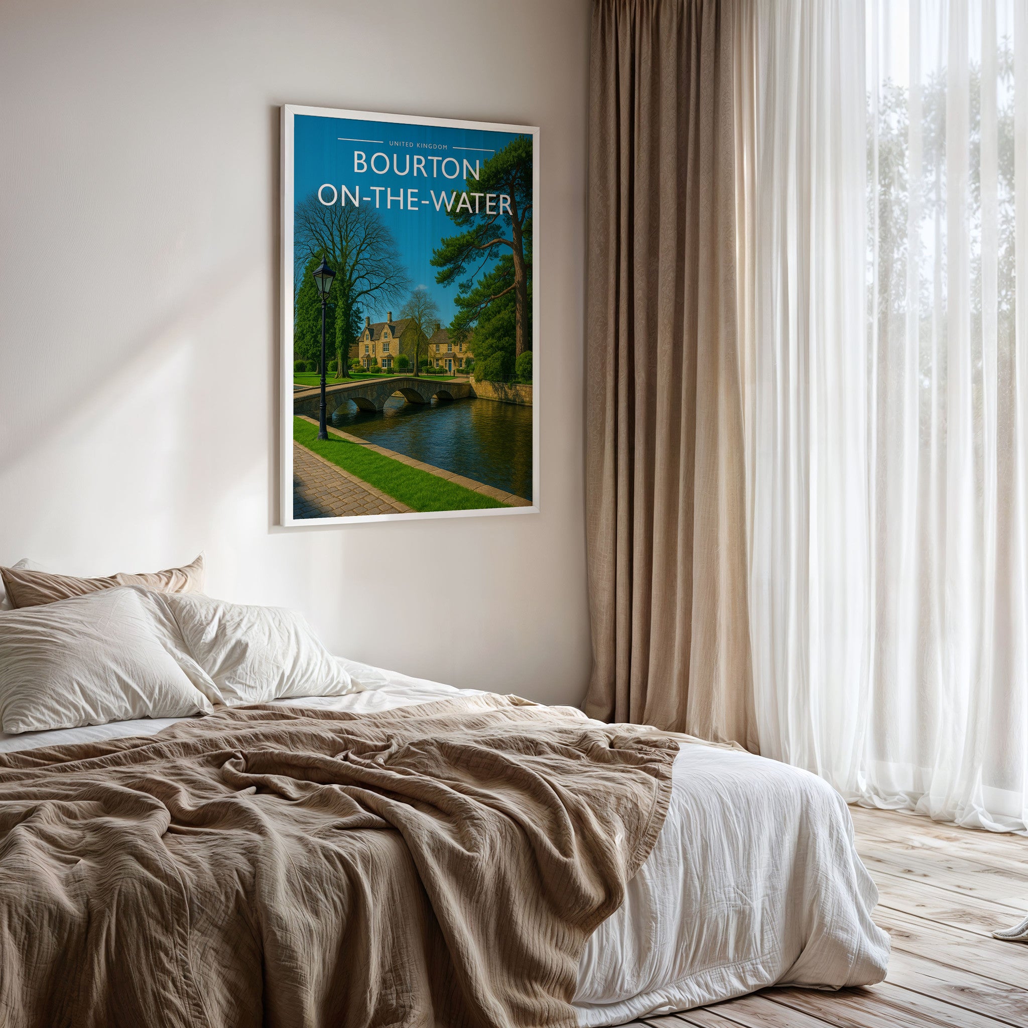 Bourton-on-the-Water Travel Poster framed on a bedroom wall