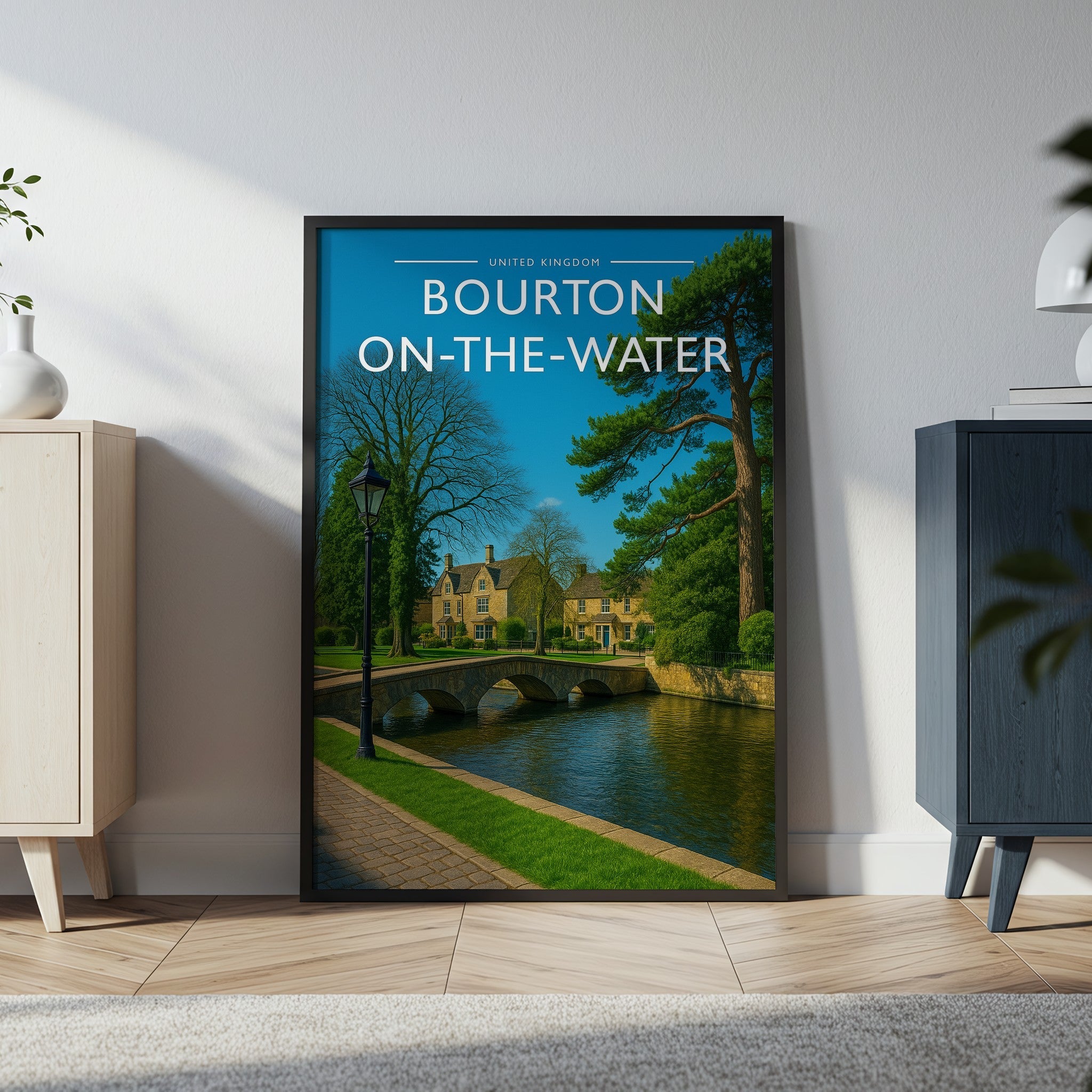 Bourton-on-the-Water Travel Poster in a black frame