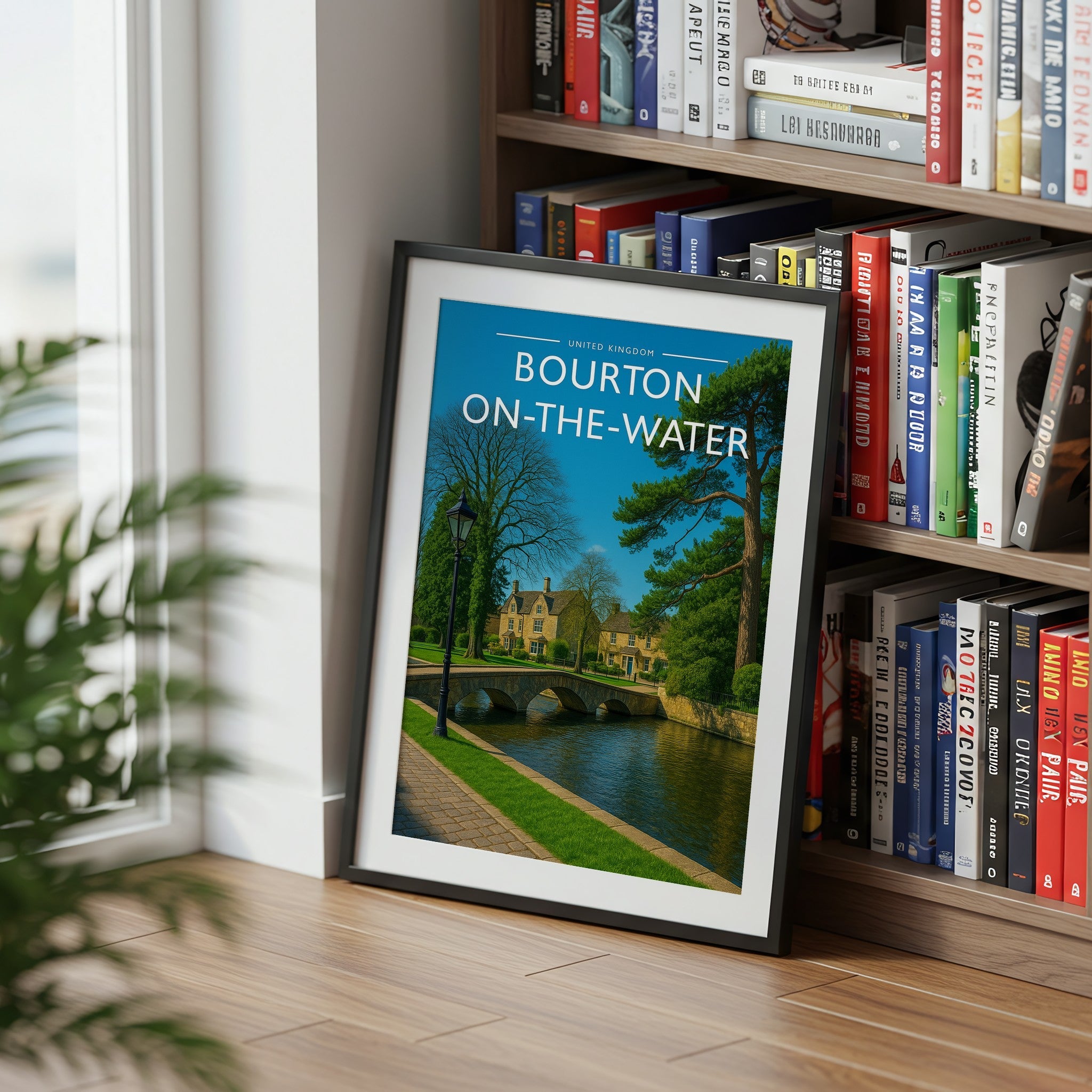 Bourton-on-the-Water Travel Poster mounted in a black frame