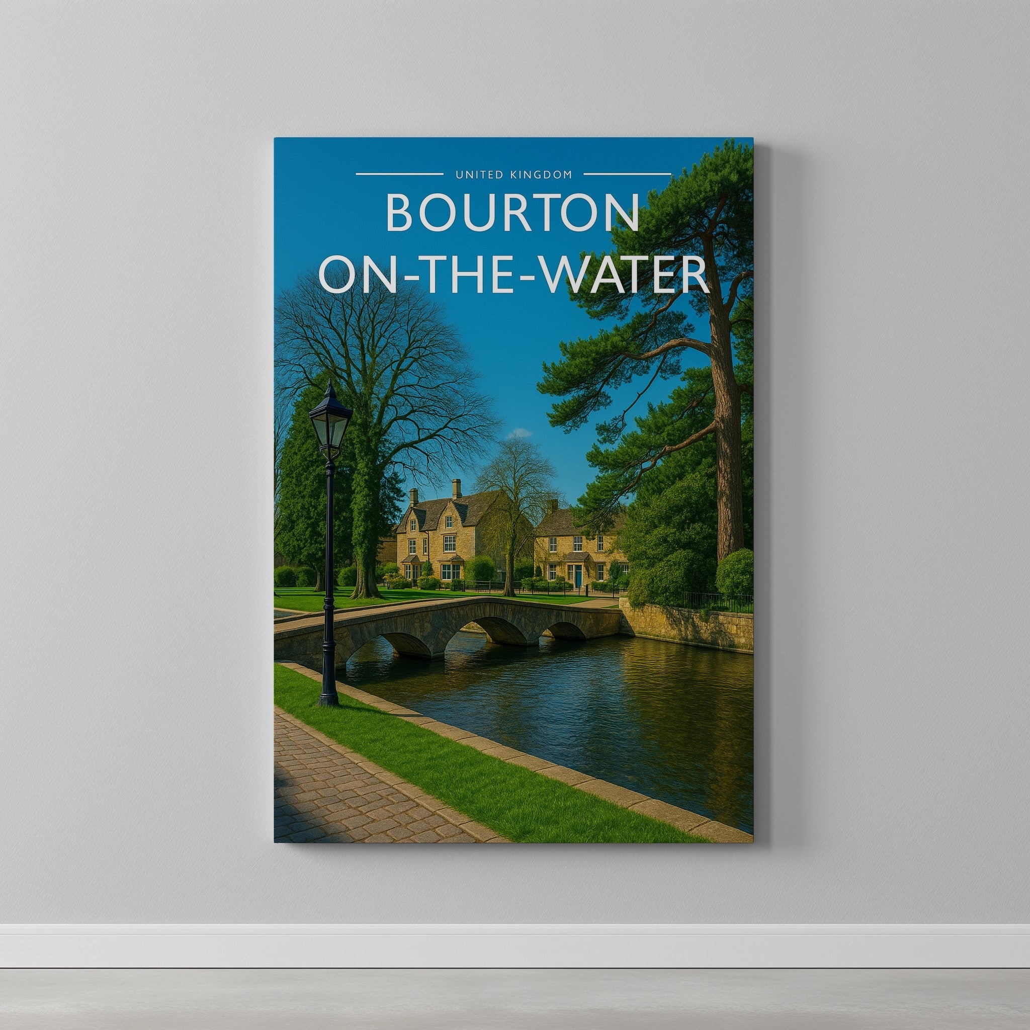 Bourton-on-the-Water Travel Poster as a gallery-wrapped canvas on a plain wall