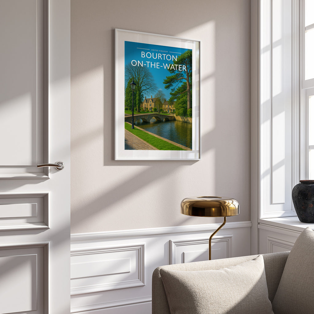 Bourton-on-the-Water Travel Poster in a white frame on a panelled wall