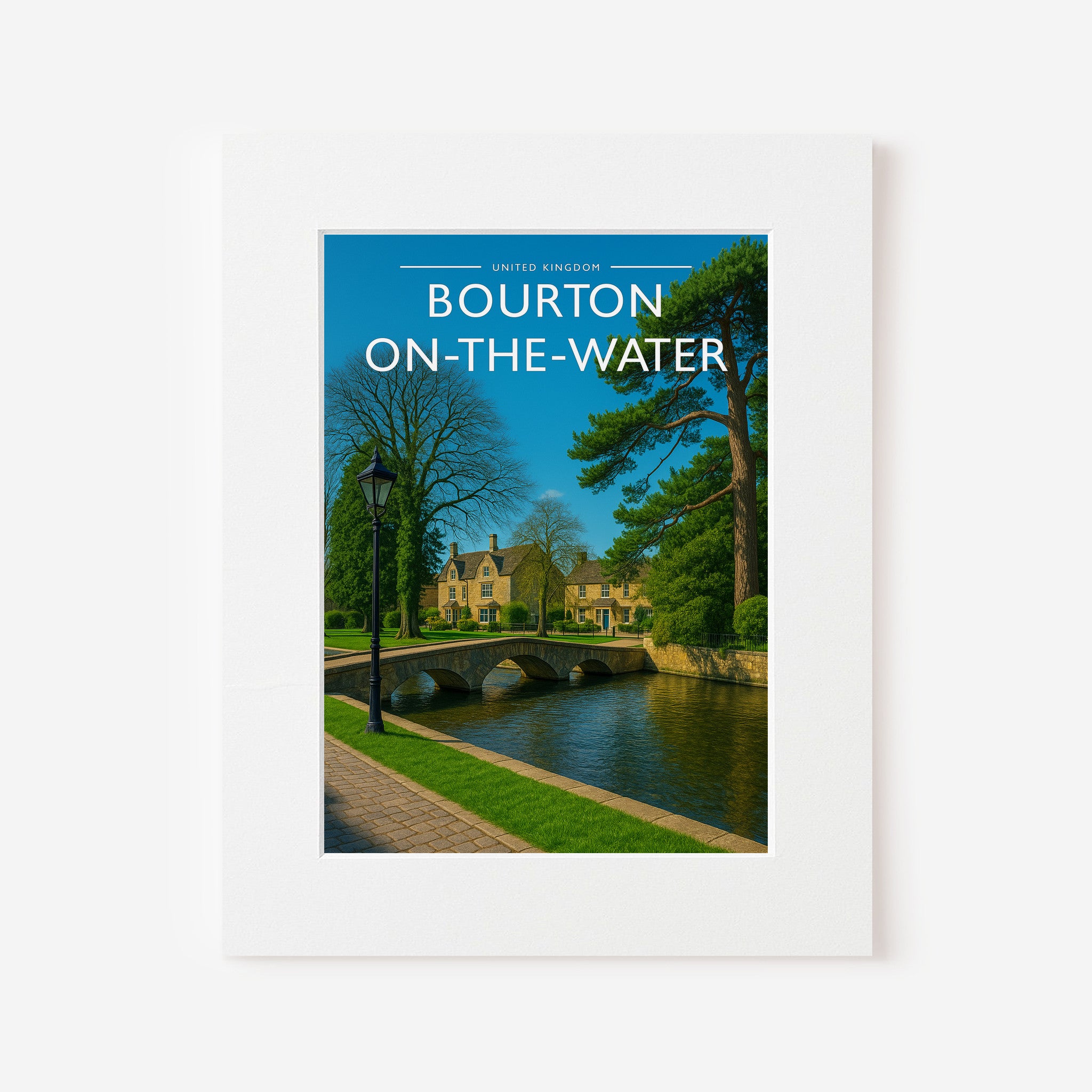 Bourton-on-the-Water Travel Poster in a white mount