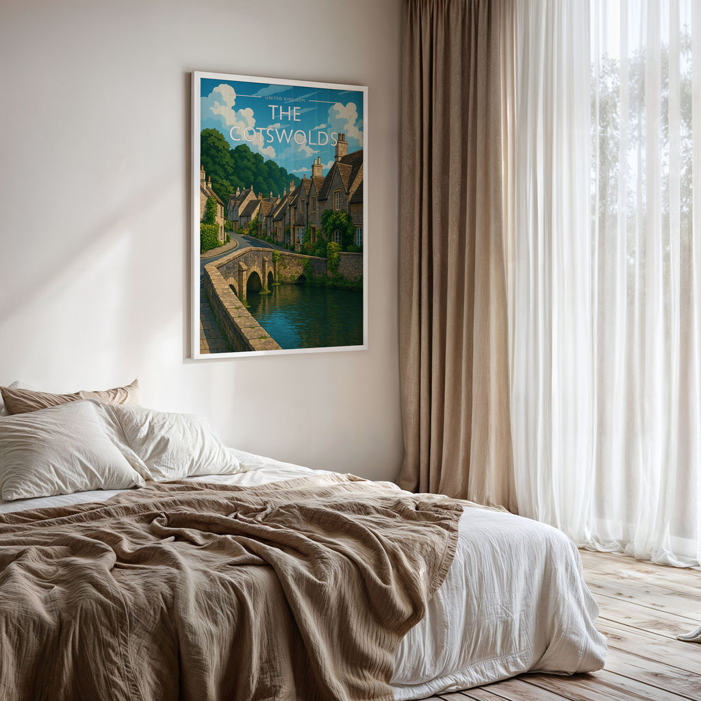 The Cotswolds Travel Poster framed on a bedroom wall