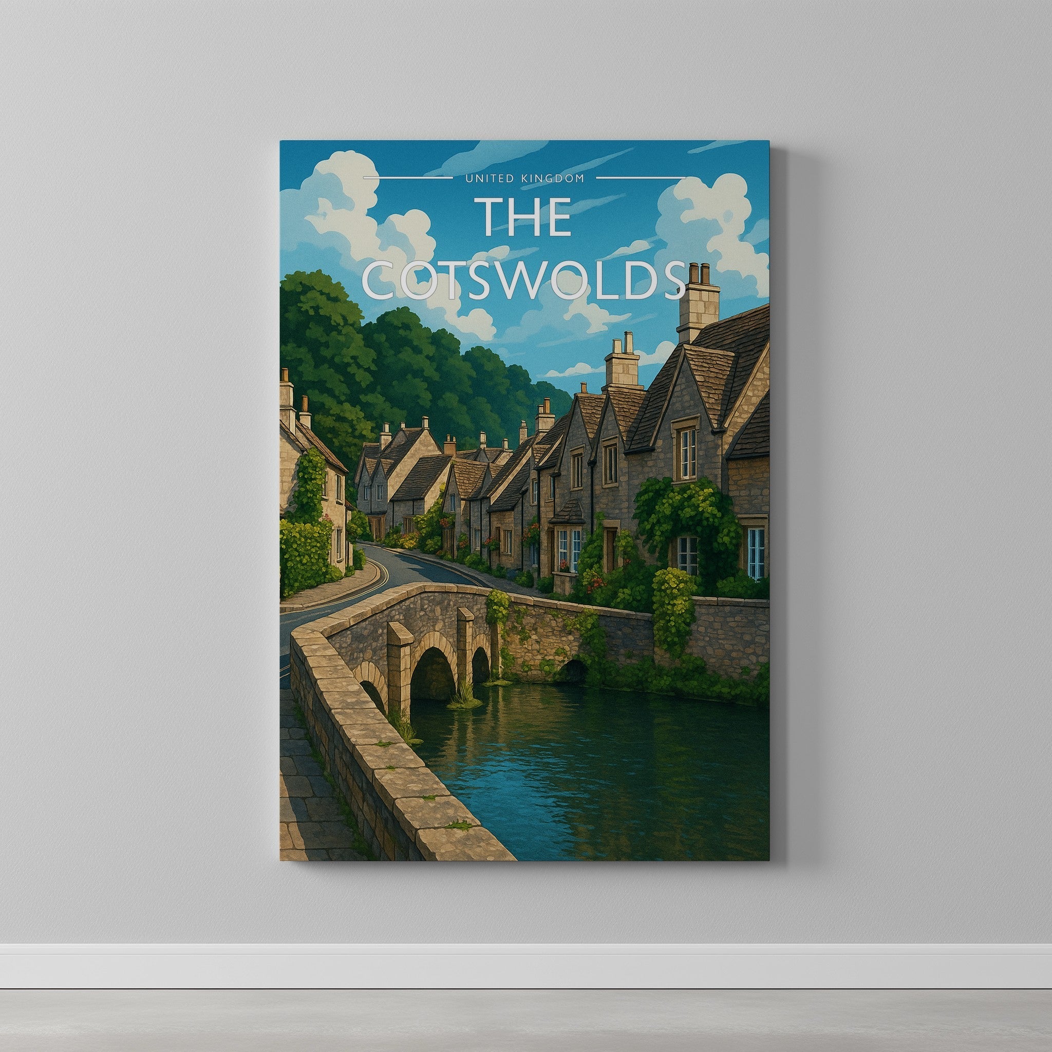 The Cotswolds Travel Poster as a gallery-wrapped canvas on a plain wall