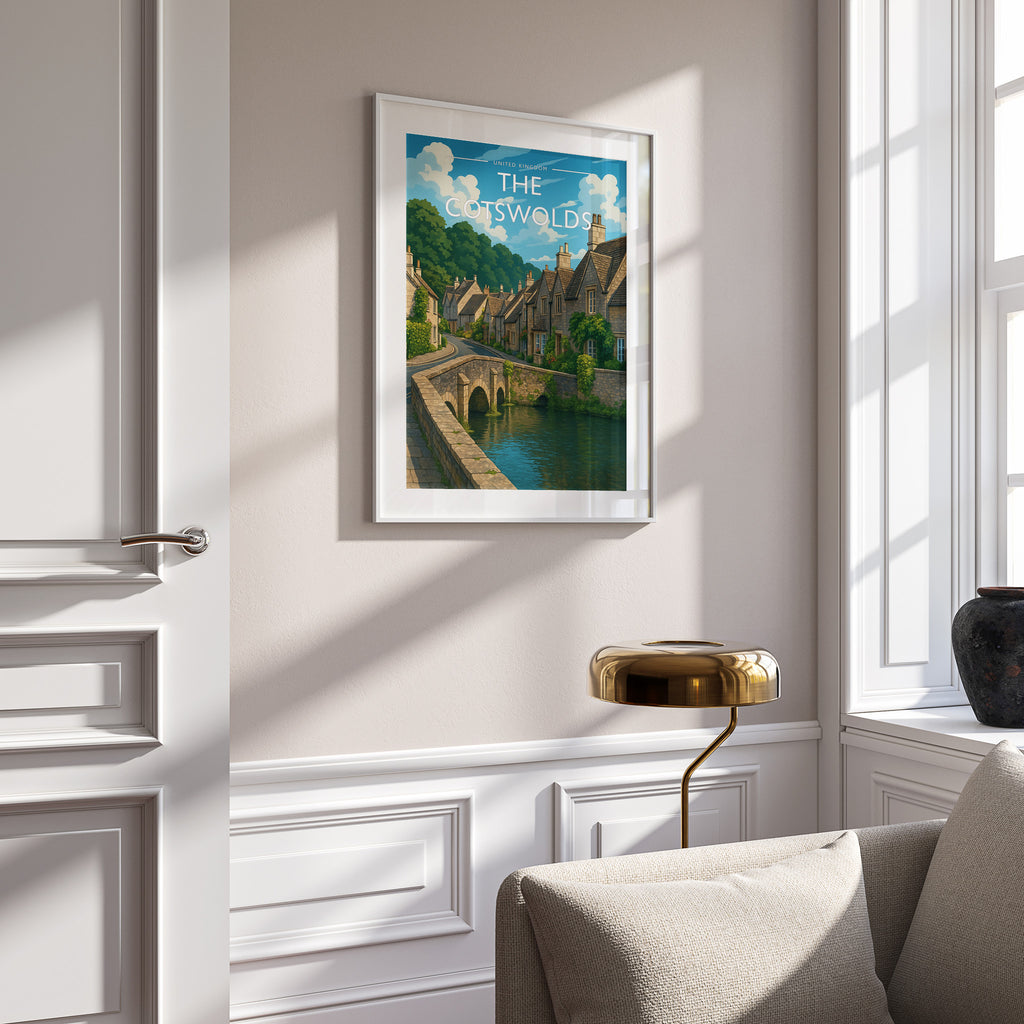 The Cotswolds Travel Poster in a white frame on a panelled wall