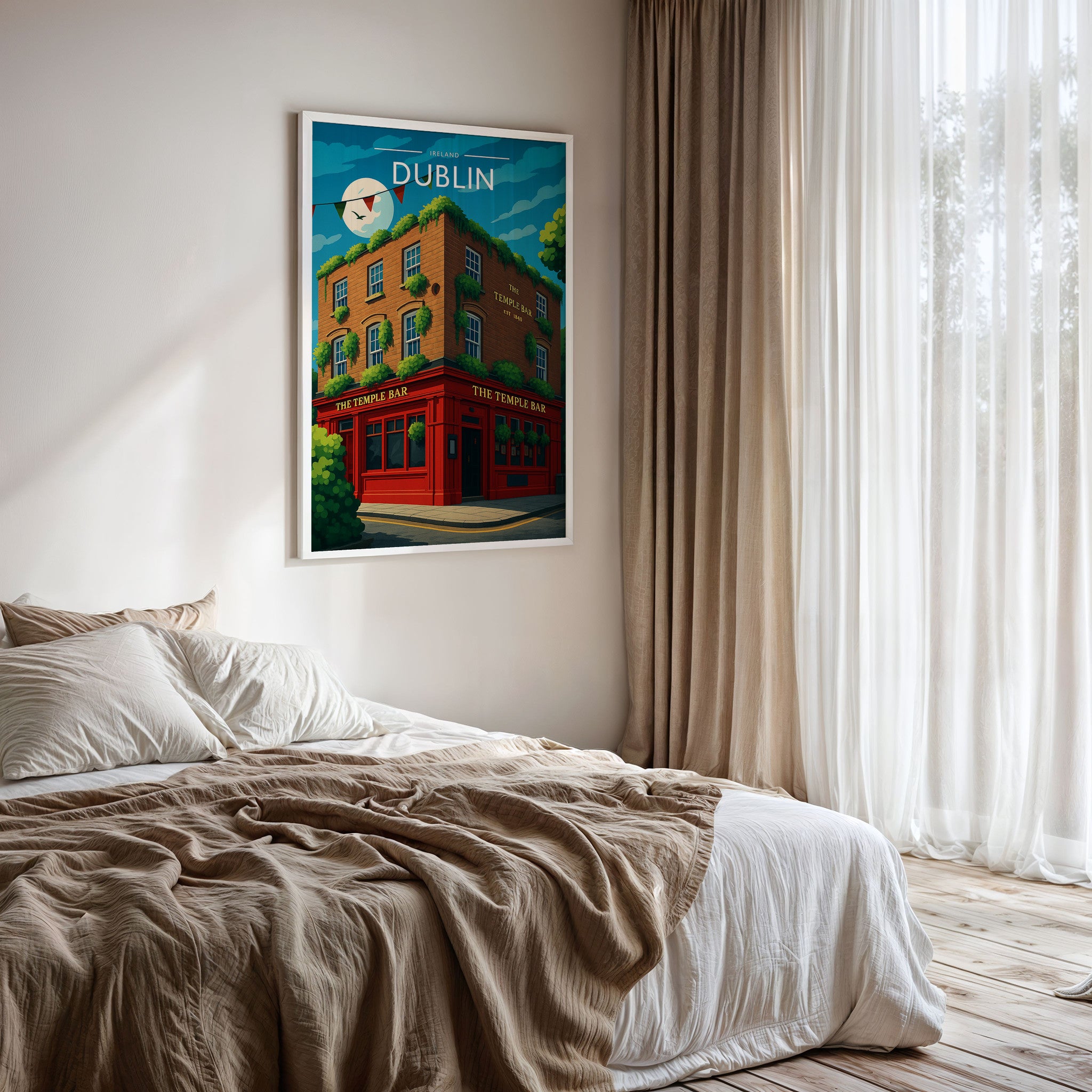 Dublin #2 Travel Poster framed on a bedroom wall