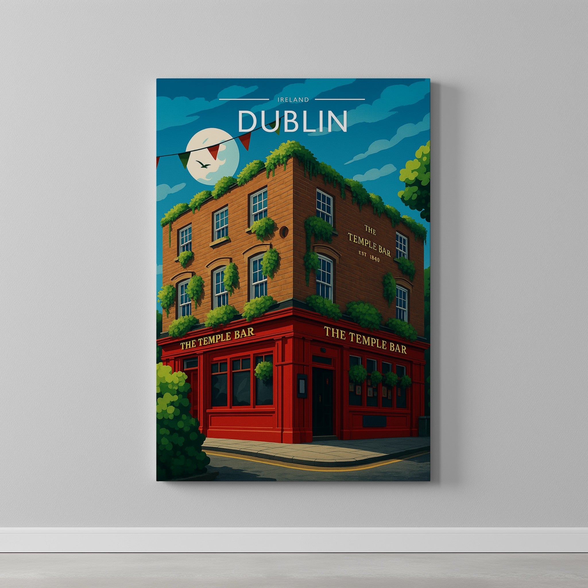 Dublin #2 Travel Poster as a gallery-wrapped canvas on a plain wall