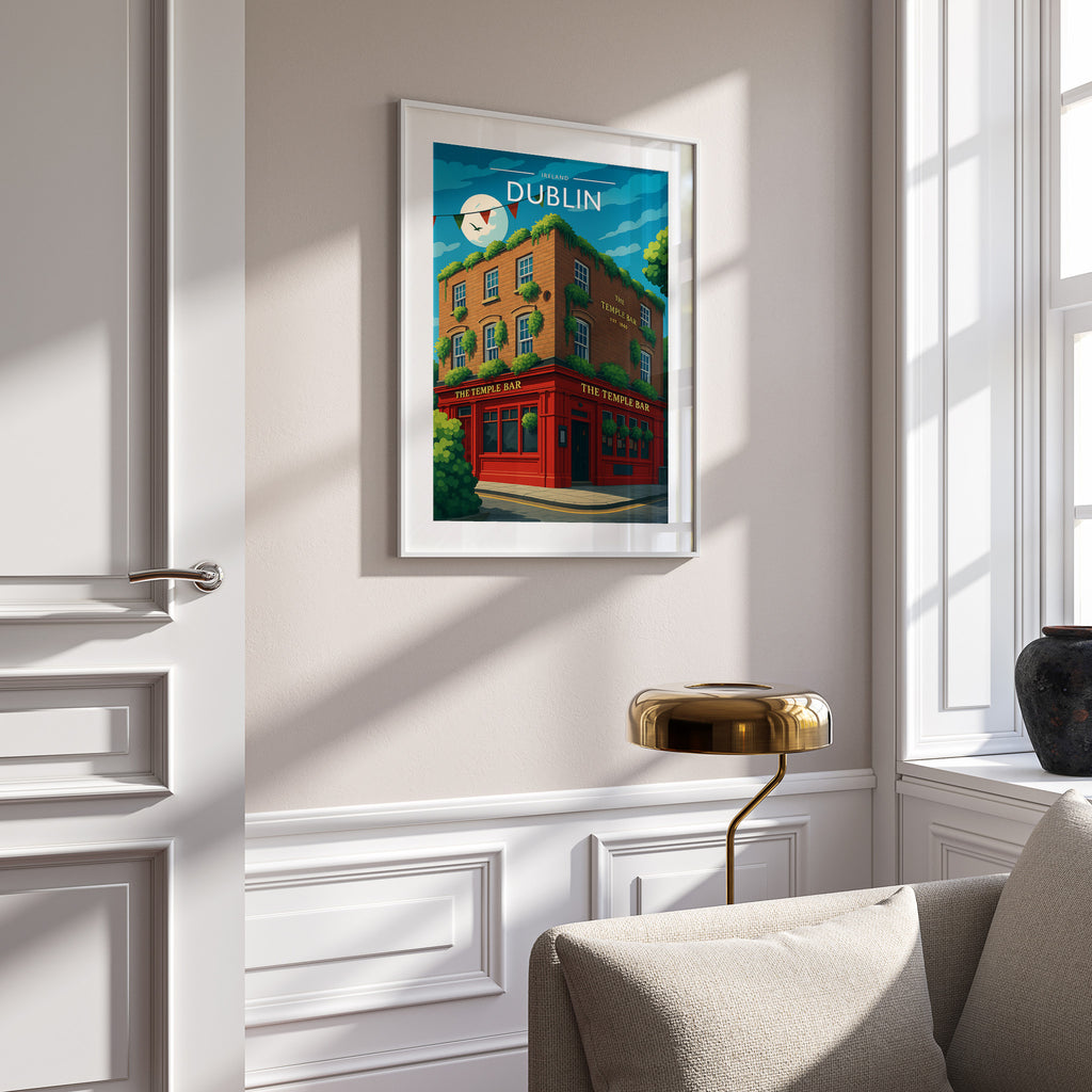 Dublin #2 Travel Poster in a white frame on a panelled wall