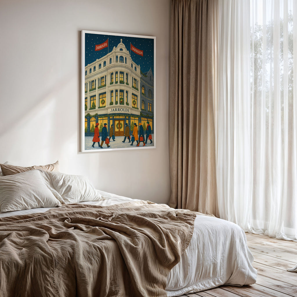 Norwich #4 Travel Poster framed on a bedroom wall