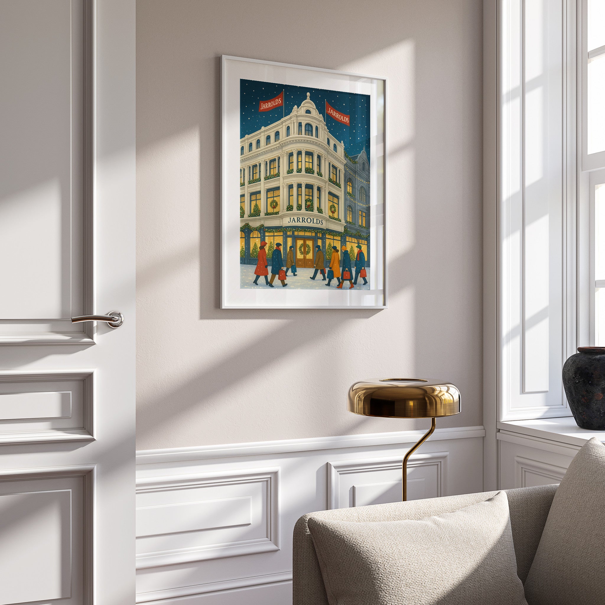 Norwich #4 Travel Poster in a white frame on a panelled wall
