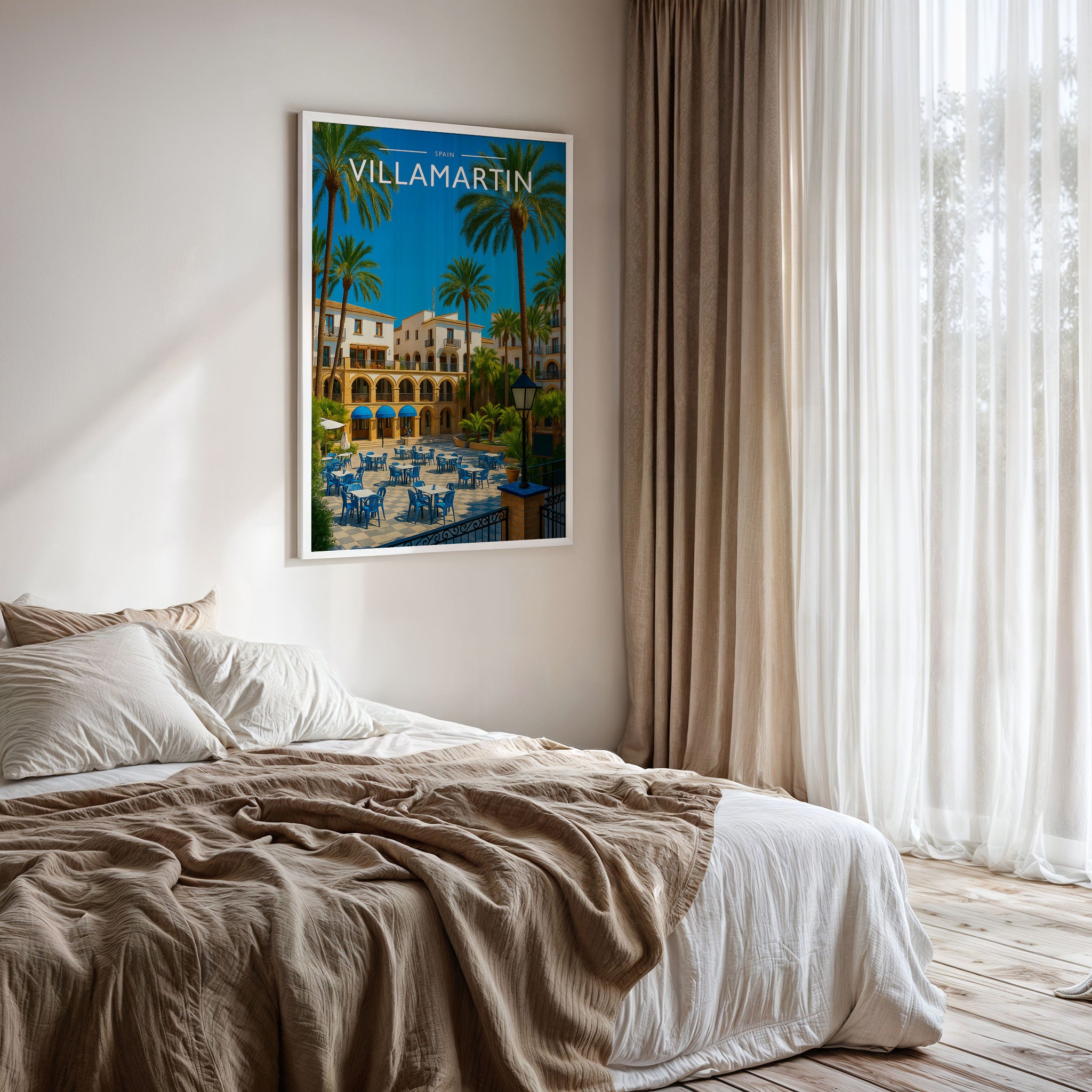 Villamartin Travel Poster framed on a bedroom wall