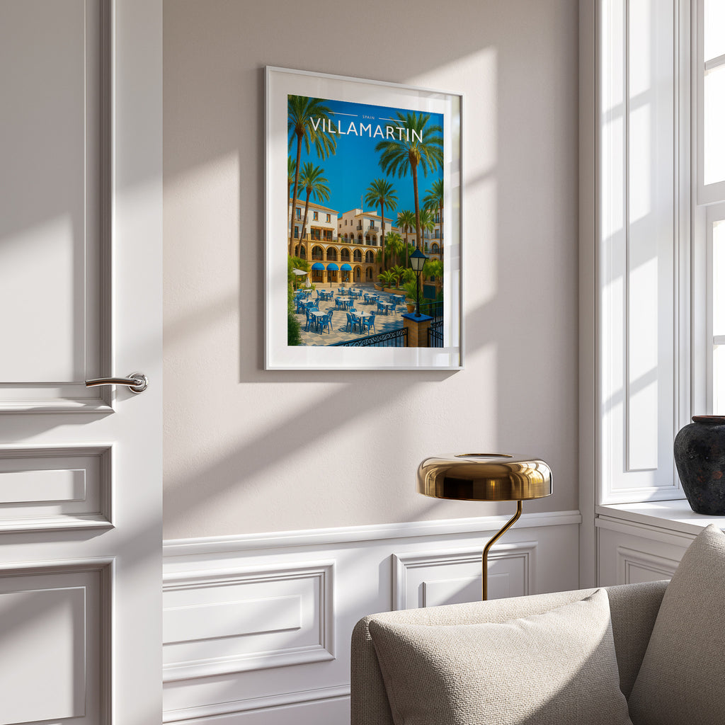 Villamartin Travel Poster in a white frame on a panelled wall