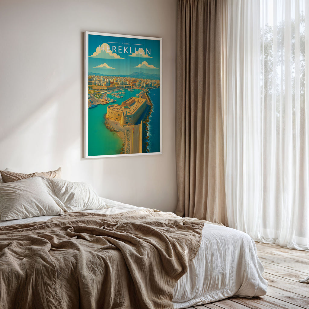 Heraklion Travel Poster framed on a bedroom wall