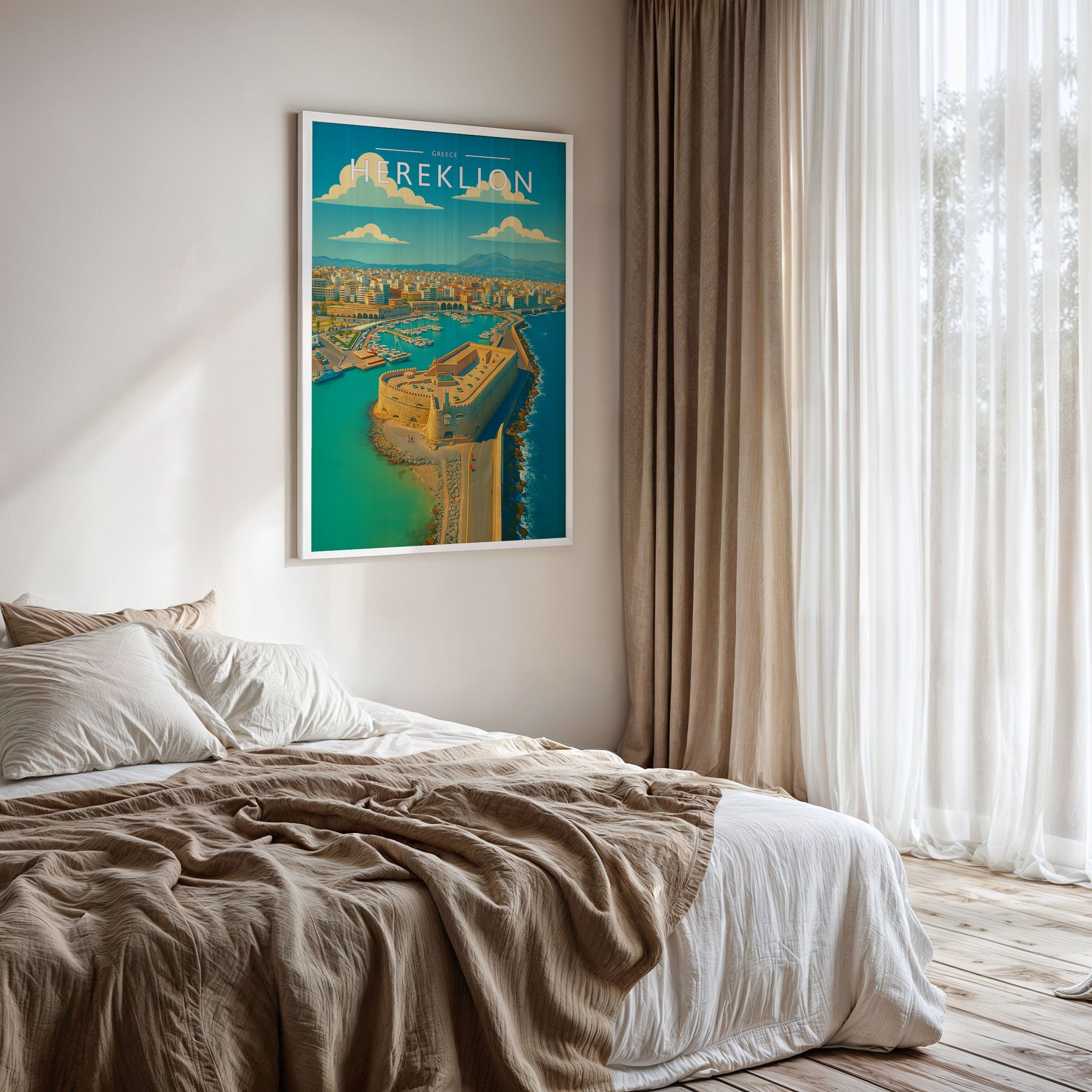 Heraklion Travel Poster framed on a bedroom wall
