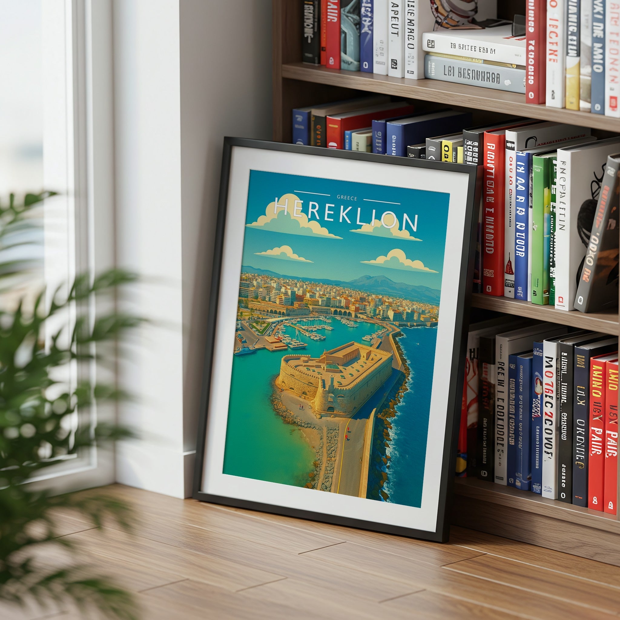 Heraklion Travel Poster mounted in a black frame