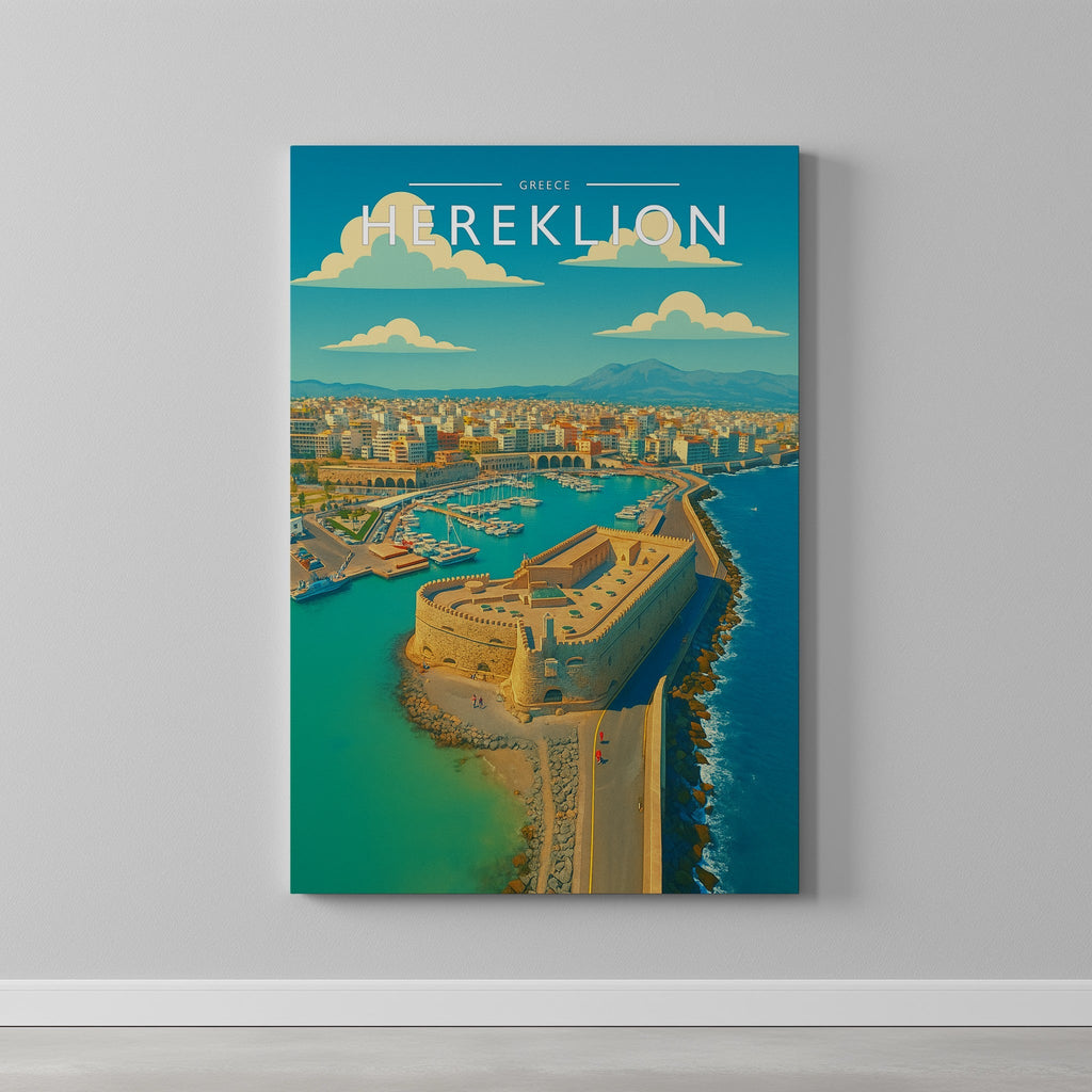 Heraklion Travel Poster as a gallery-wrapped canvas on a plain wall