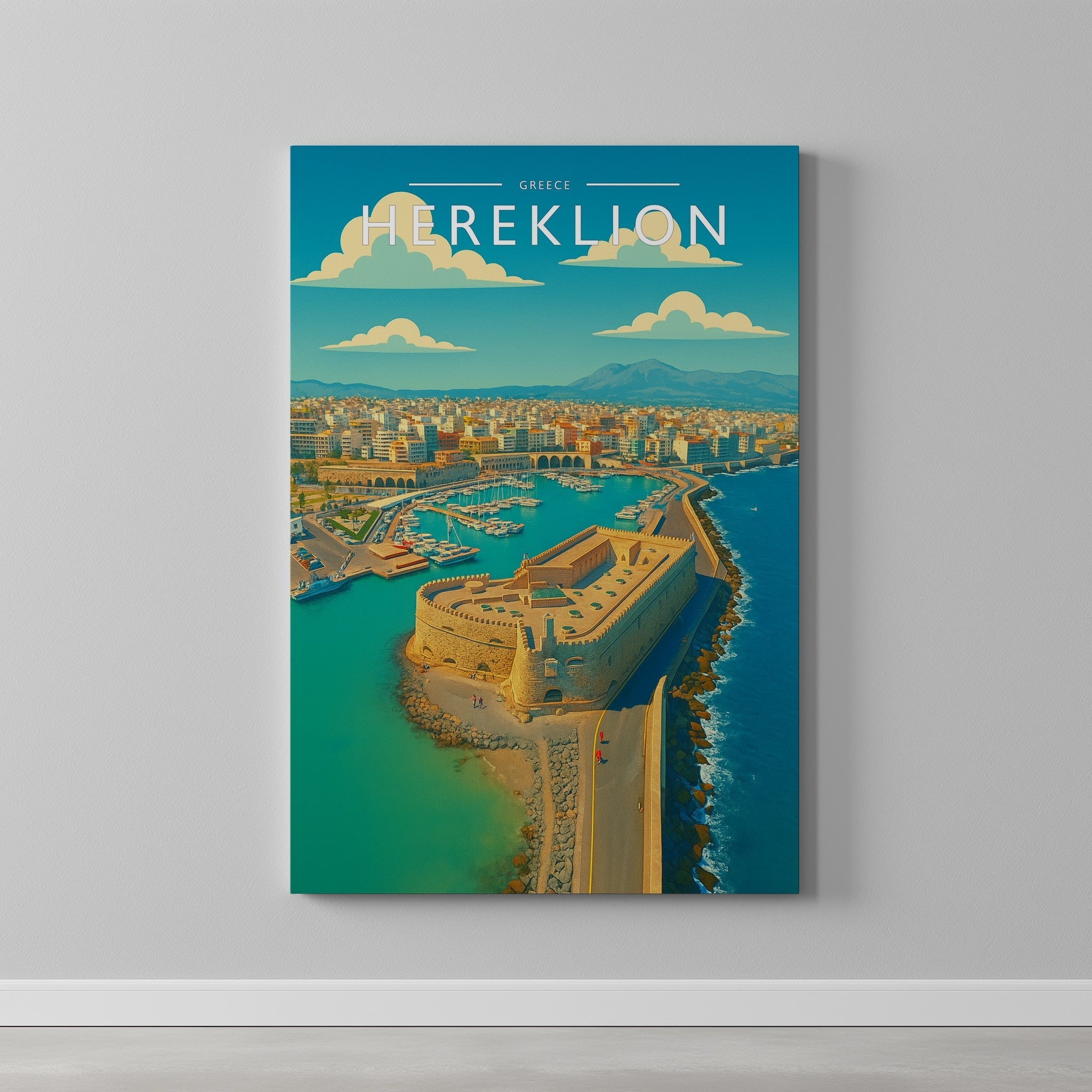 Heraklion Travel Poster as a gallery-wrapped canvas on a plain wall