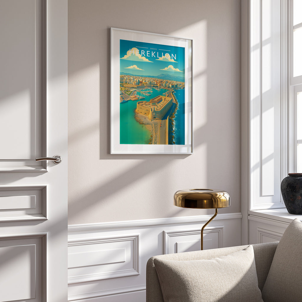 Heraklion Travel Poster in a white frame on a panelled wall