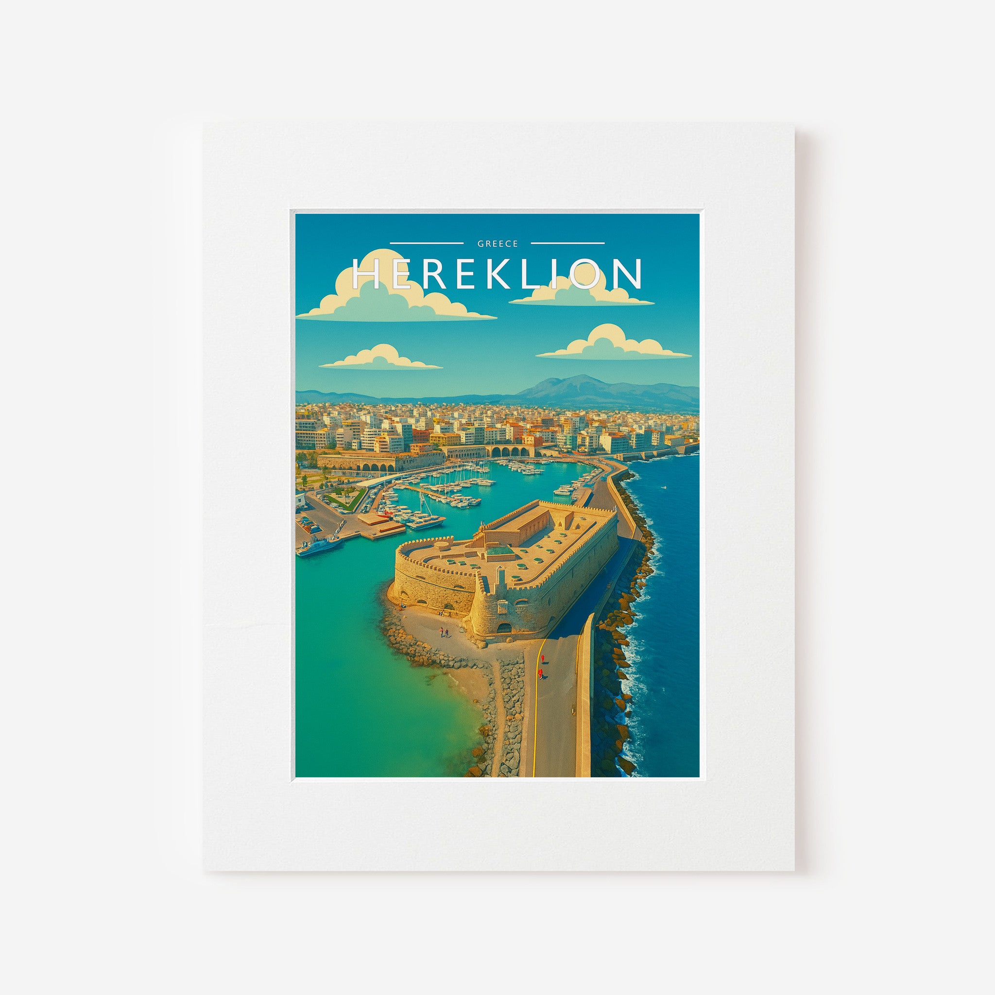 Heraklion Travel Poster in a white mount