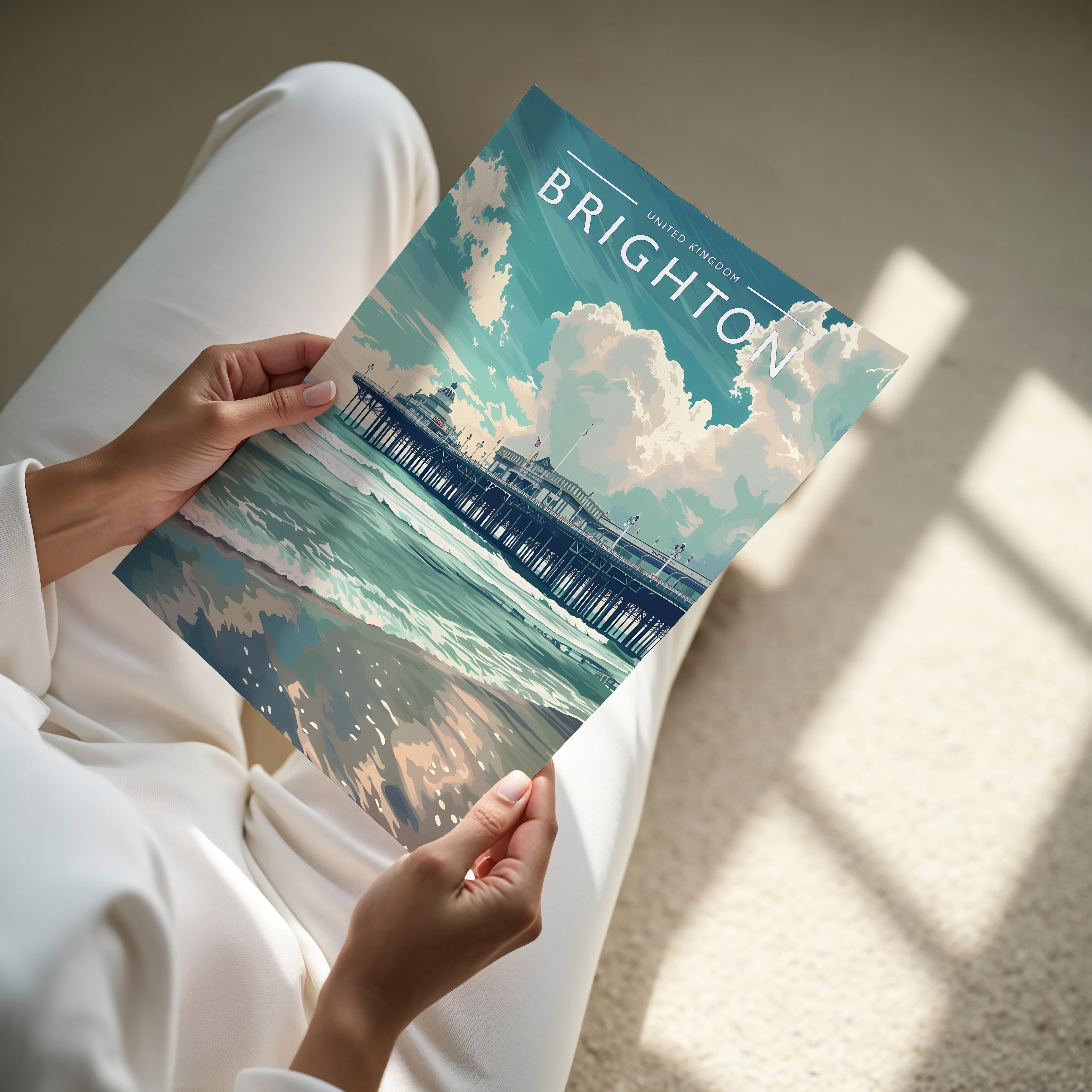 Brighton Travel Poster - A4 print held in hand
