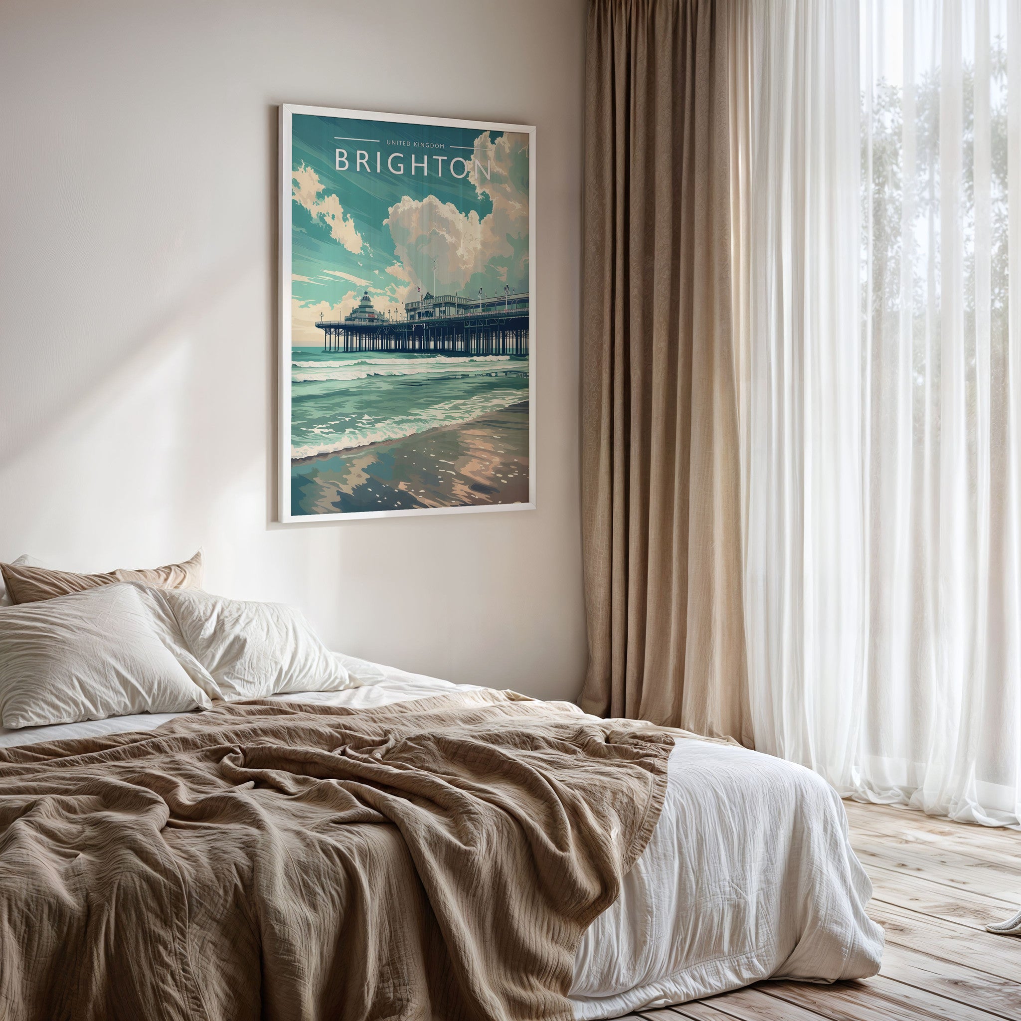 Brighton Travel Poster framed on a bedroom wall