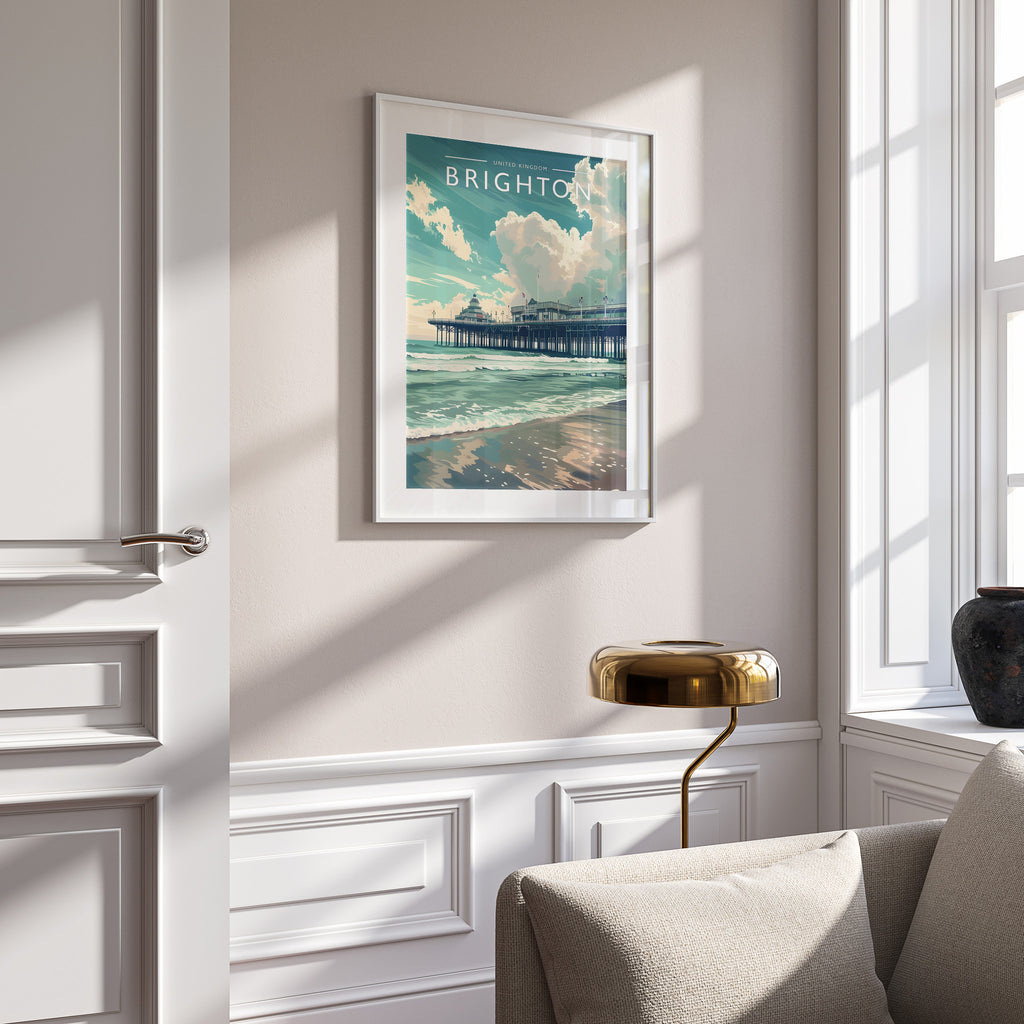 Brighton Travel Poster in a white frame on a panelled wall