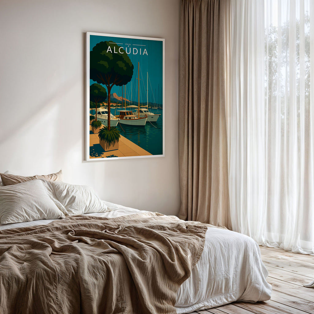Alcúdia Travel Poster framed on a bedroom wall