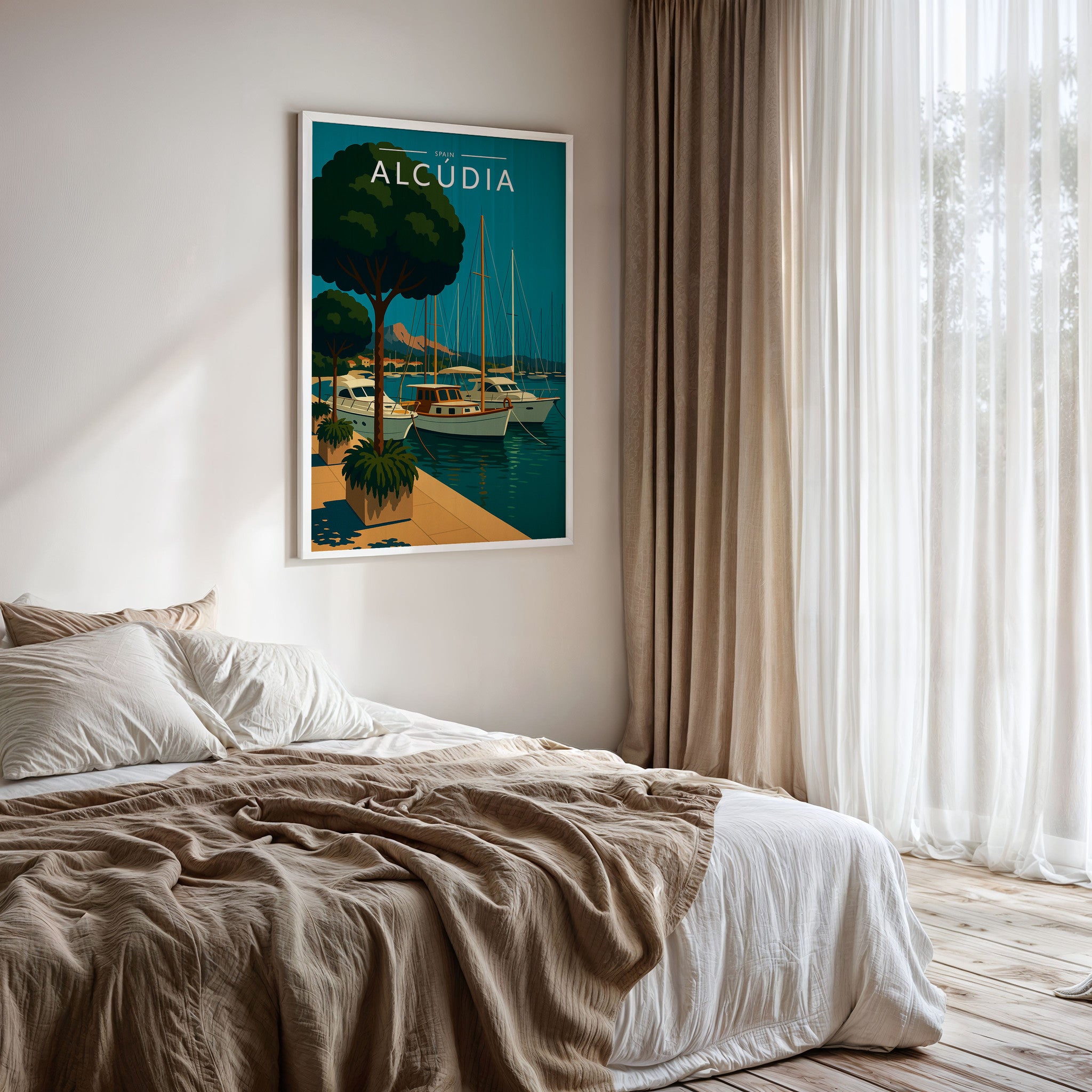 Alcúdia Travel Poster framed on a bedroom wall