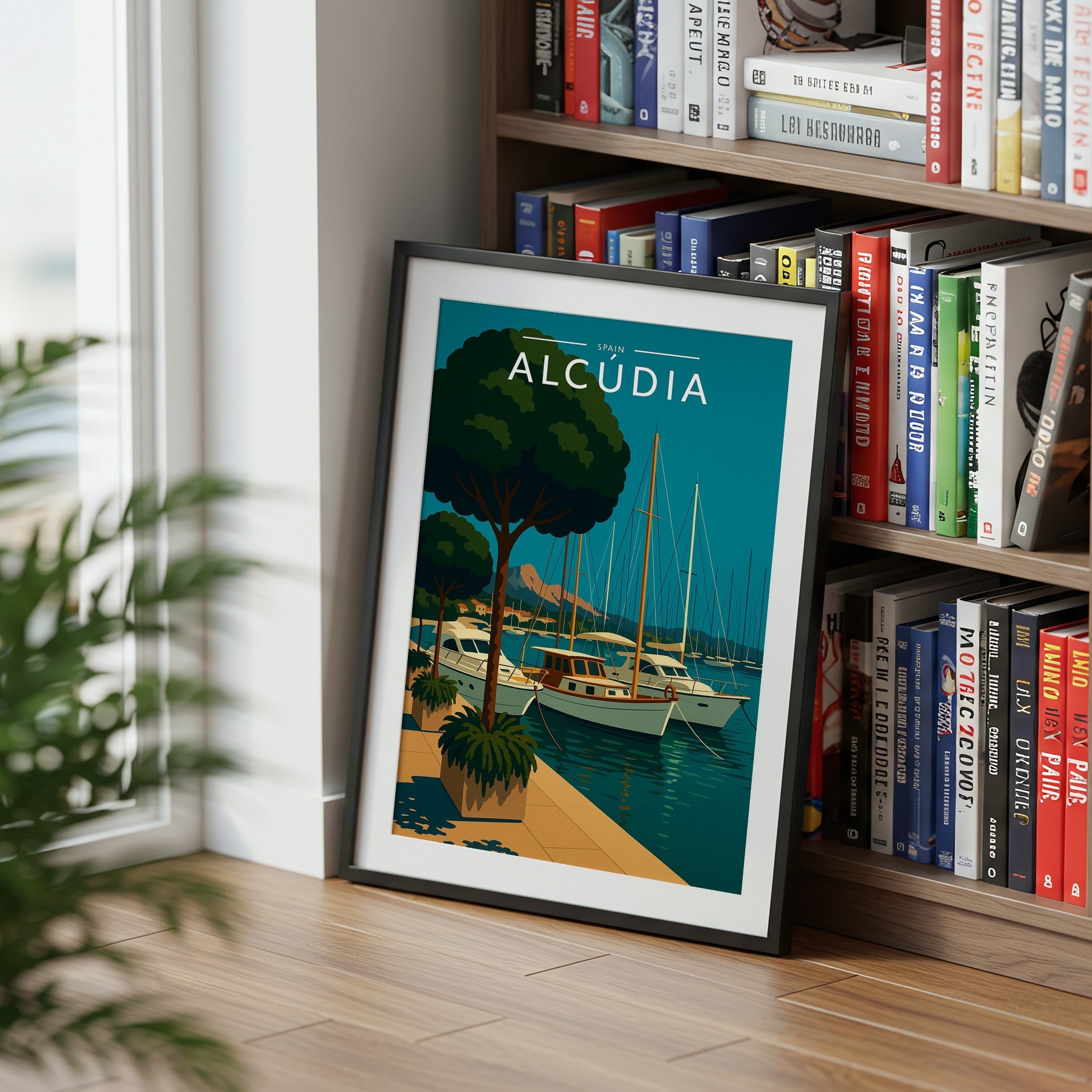 Alcúdia Travel Poster mounted in a black frame