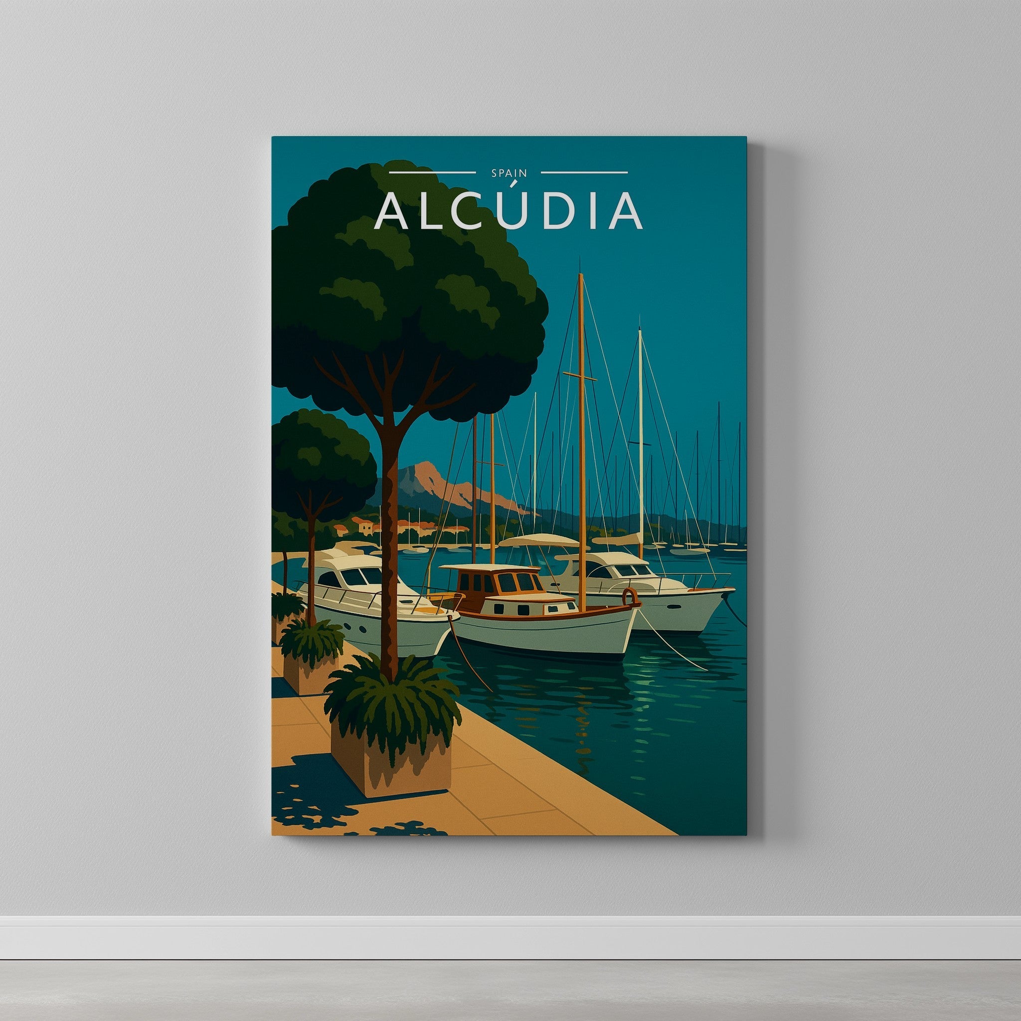 Alcúdia Travel Poster as a gallery-wrapped canvas on a plain wall
