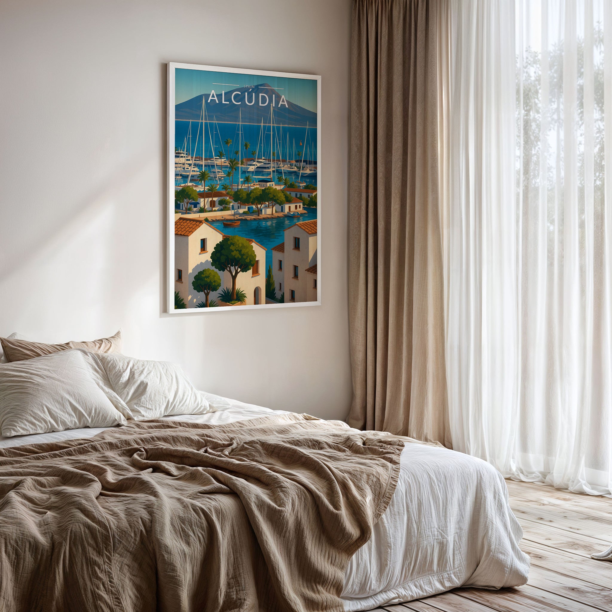 Alcúdia #2 Travel Poster framed on a bedroom wall