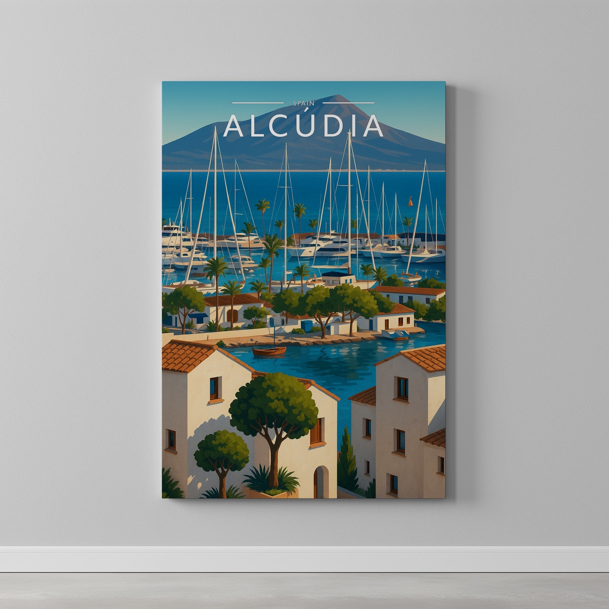 Alcúdia #2 Travel Poster as a gallery-wrapped canvas on a plain wall