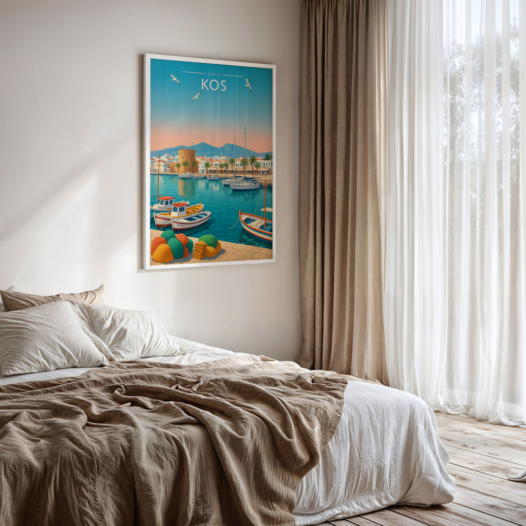 Kos #2 Travel Poster framed on a bedroom wall