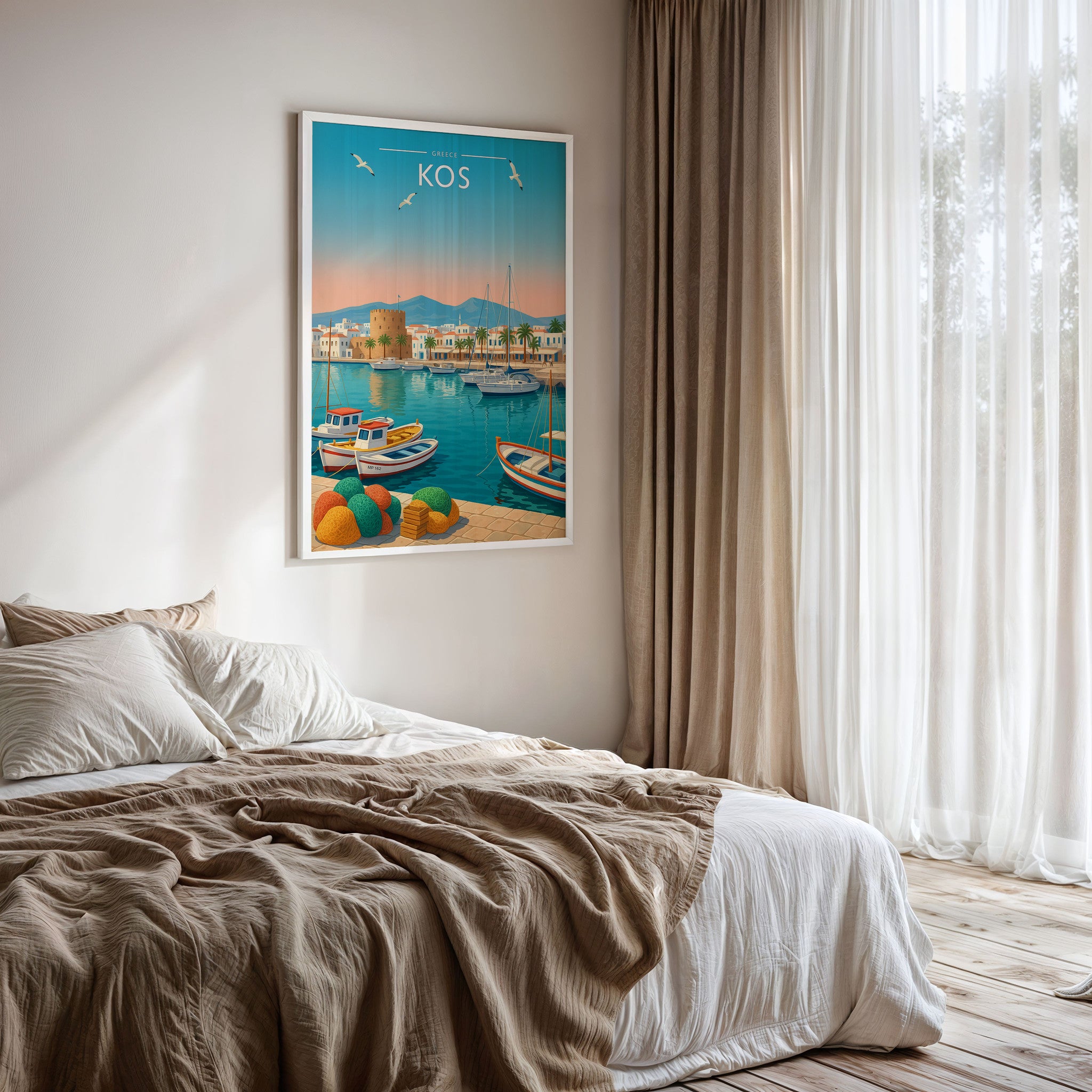 Kos #2 Travel Poster framed on a bedroom wall