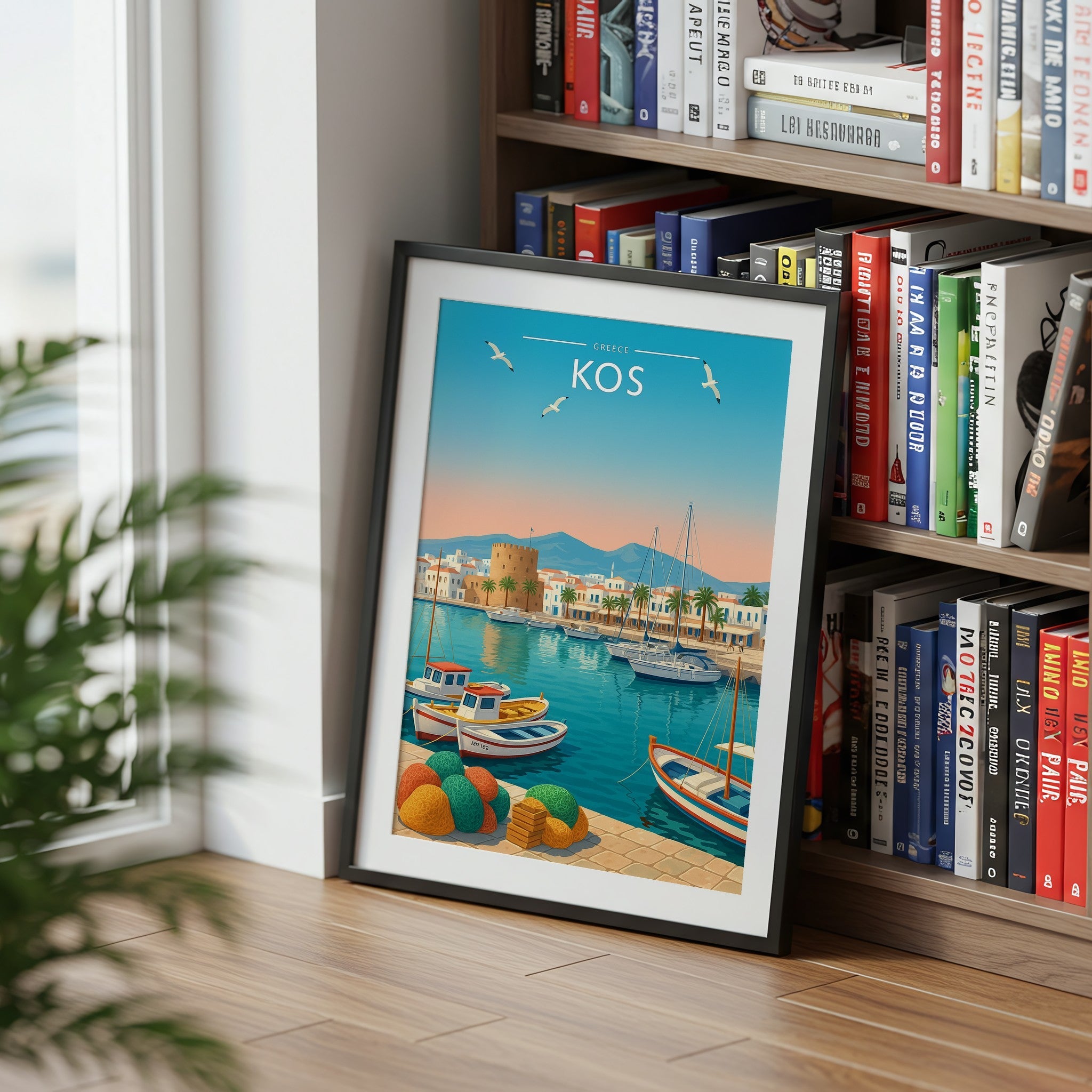 Kos #2 Travel Poster mounted in a black frame
