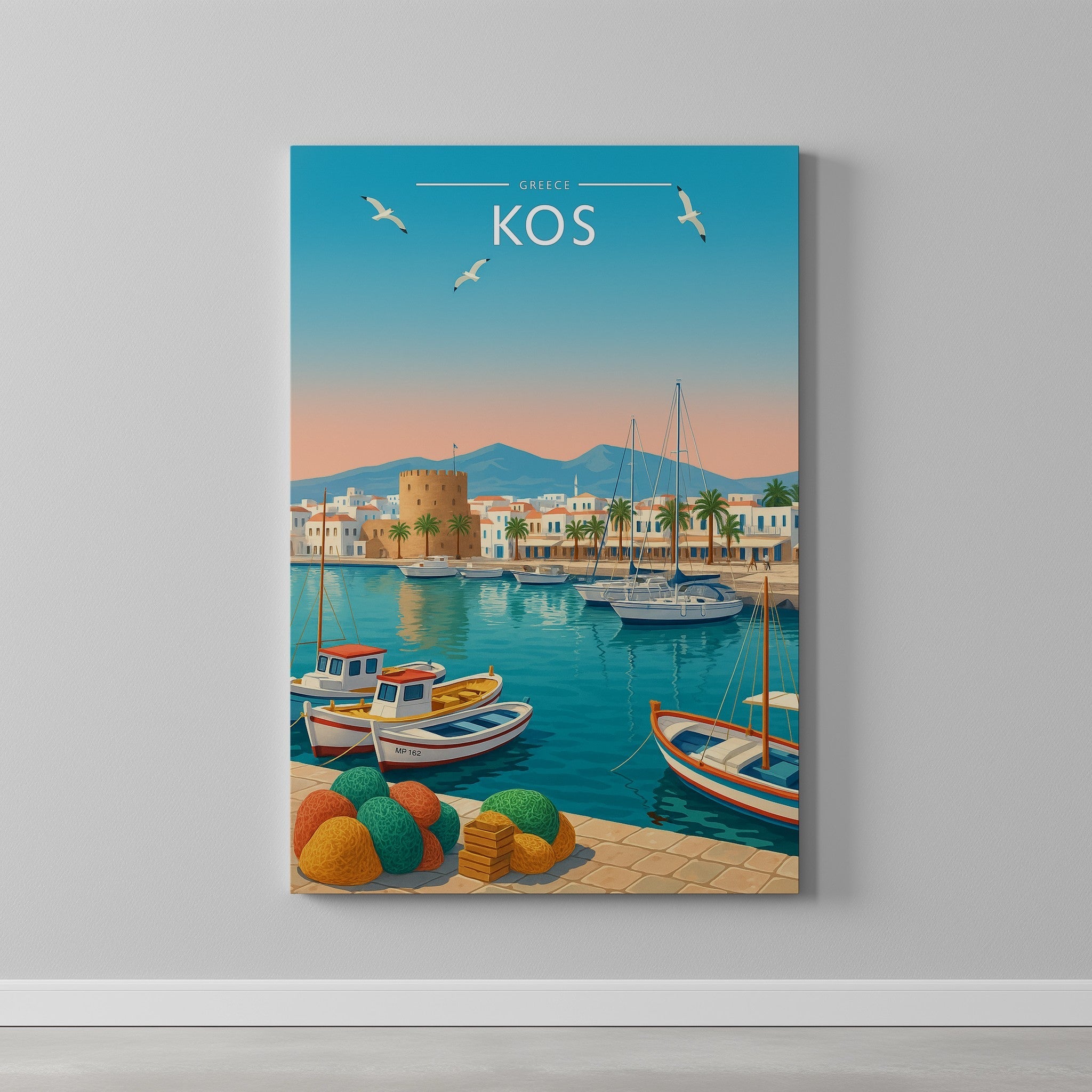 Kos #2 Travel Poster as a gallery-wrapped canvas on a plain wall