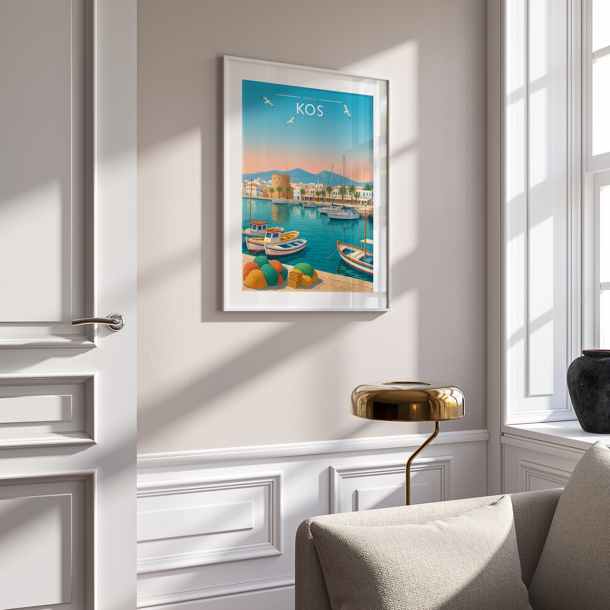 Kos #2 Travel Poster mounted in a white frame