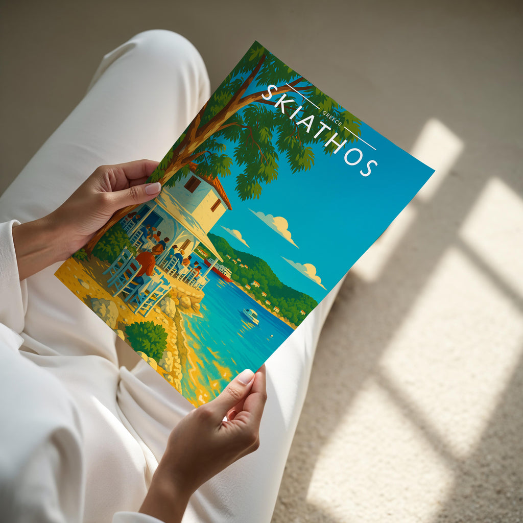Skiathos #2 Travel Poster - A4 print held in hand