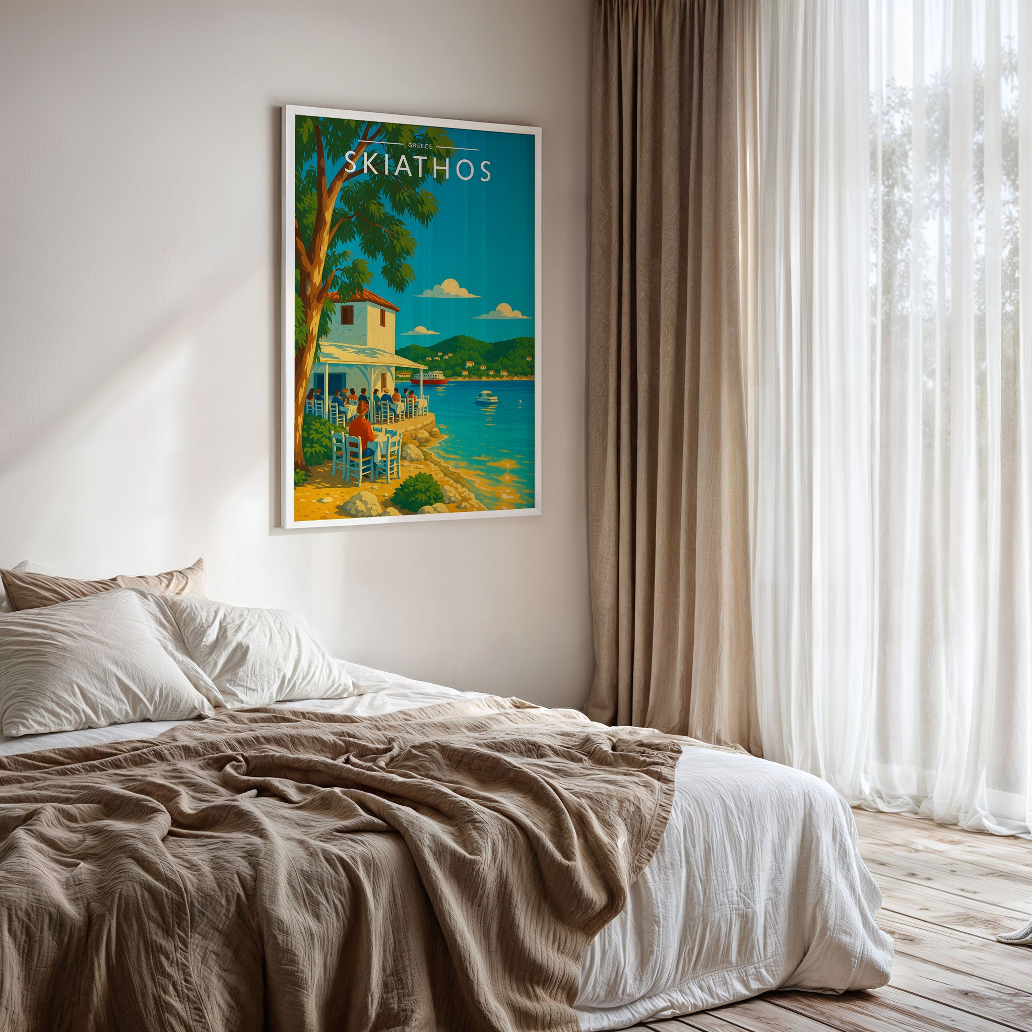 Skiathos #2 Travel Poster framed on a bedroom wall