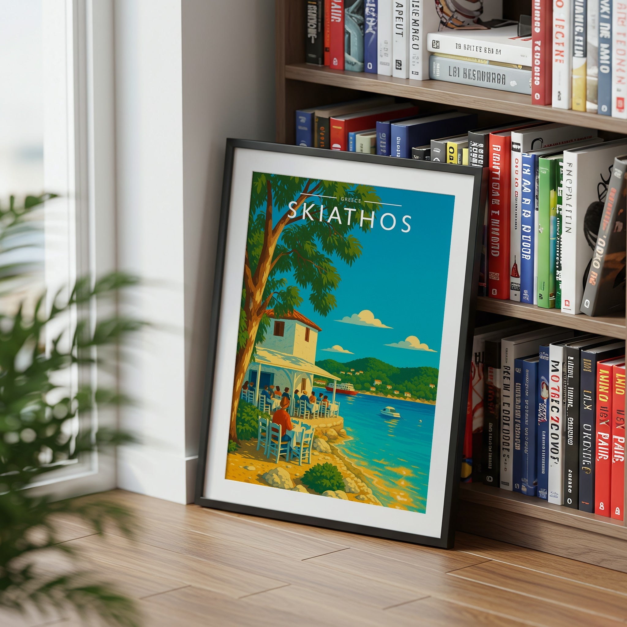 Skiathos #2 Travel Poster mounted in a black frame