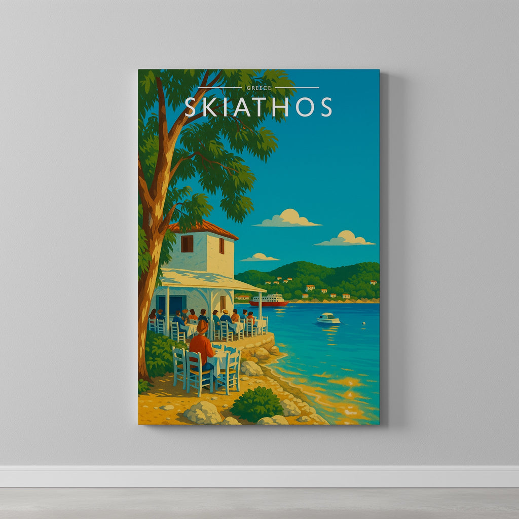 Skiathos #2 Travel Poster as a gallery-wrapped canvas on a plain wall