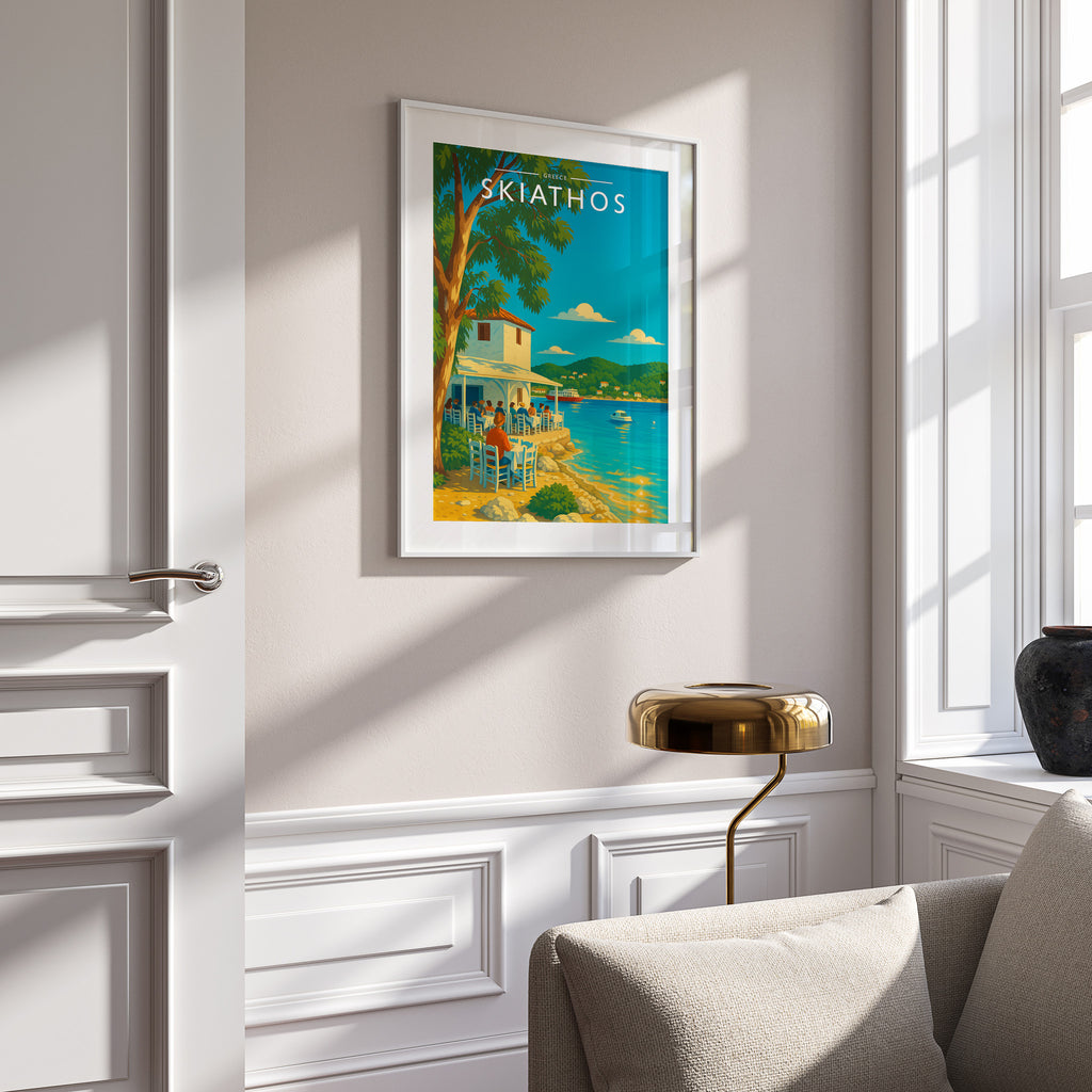 Skiathos #2 Travel Poster in a white frame on a panelled wall