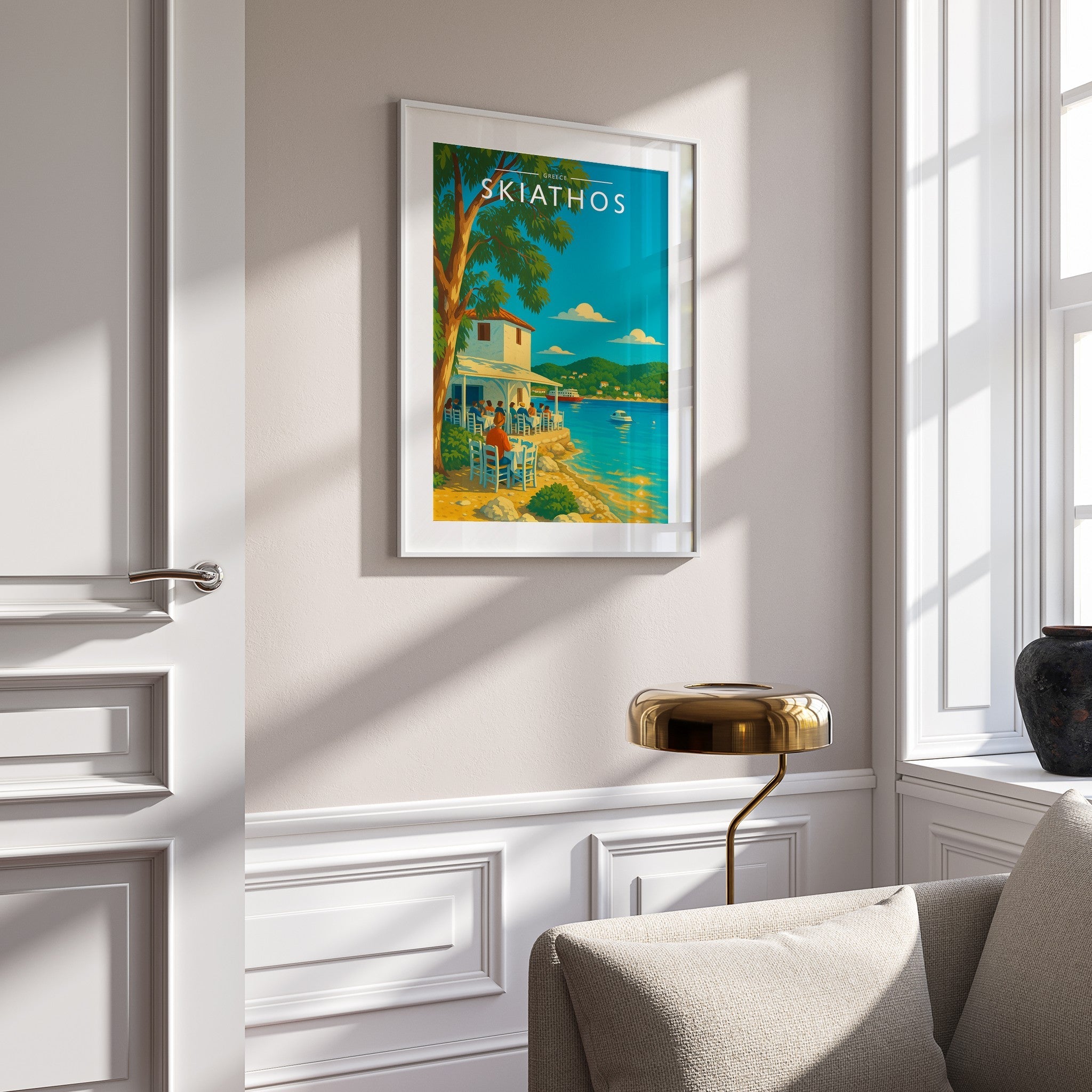Skiathos #2 Travel Poster mounted in a white frame