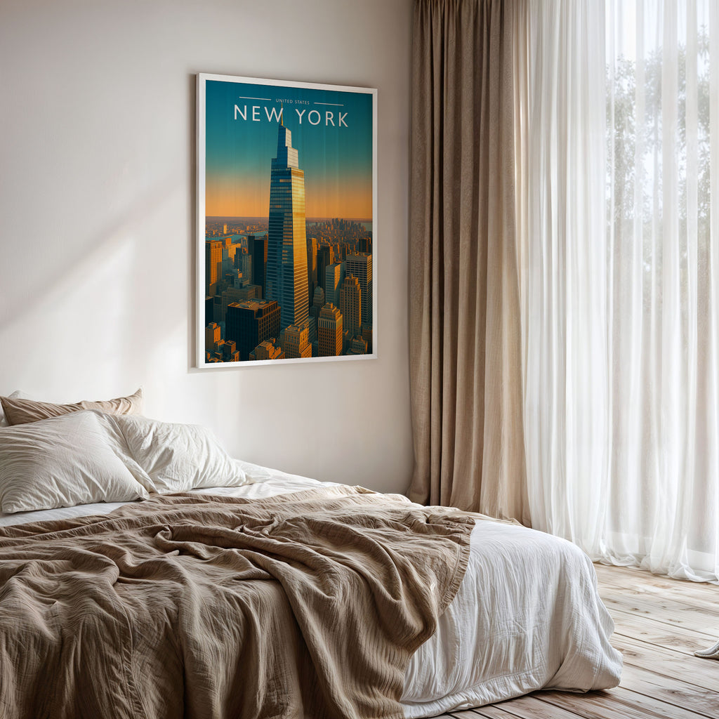 New York Travel Poster framed on a bedroom wall