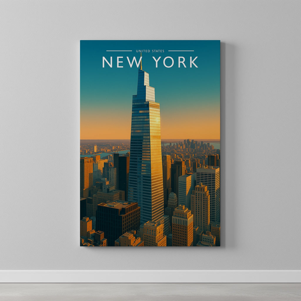 New York Travel Poster as a gallery-wrapped canvas on a plain wall