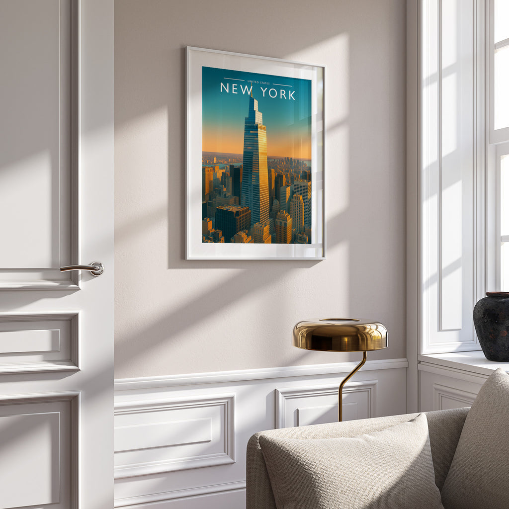 New York Travel Poster in a white frame on a panelled wall