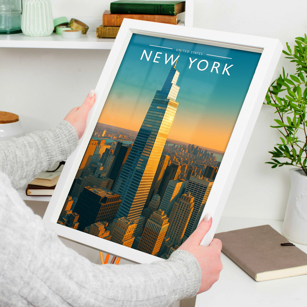 New York Travel Poster in a white frame, held to show scale